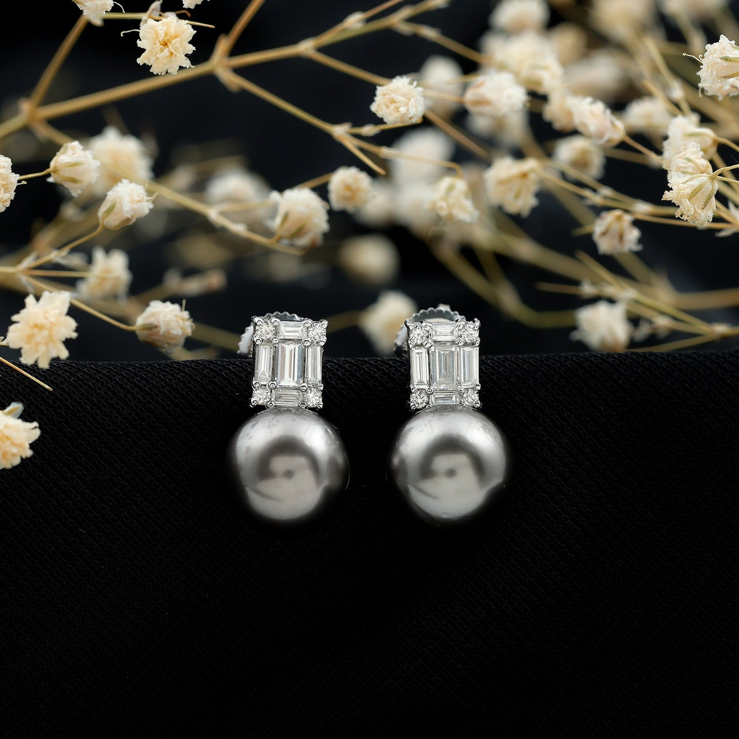 15 Carat Tahitian Black Pearl Stud Earrings with Diamonds
