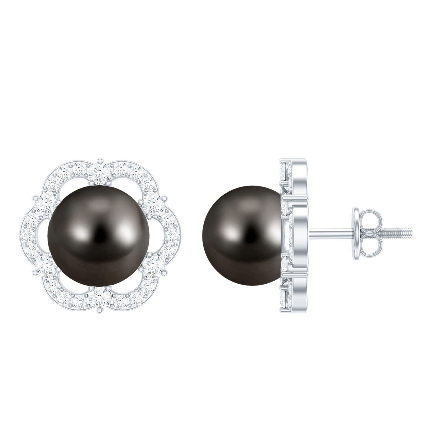 16 CT Tahitian Black Pearl and Diamond Flower Stud Earrings