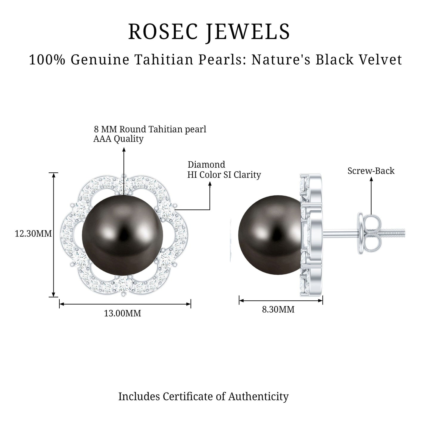 16 CT Tahitian Black Pearl and Diamond Flower Stud Earrings
