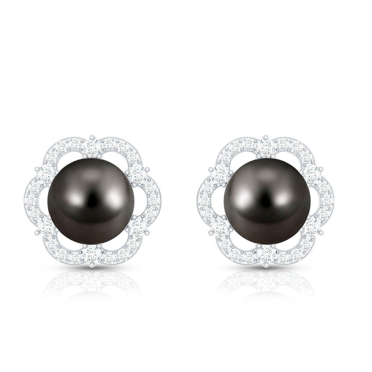 16 CT Tahitian Black Pearl and Diamond Flower Stud Earrings