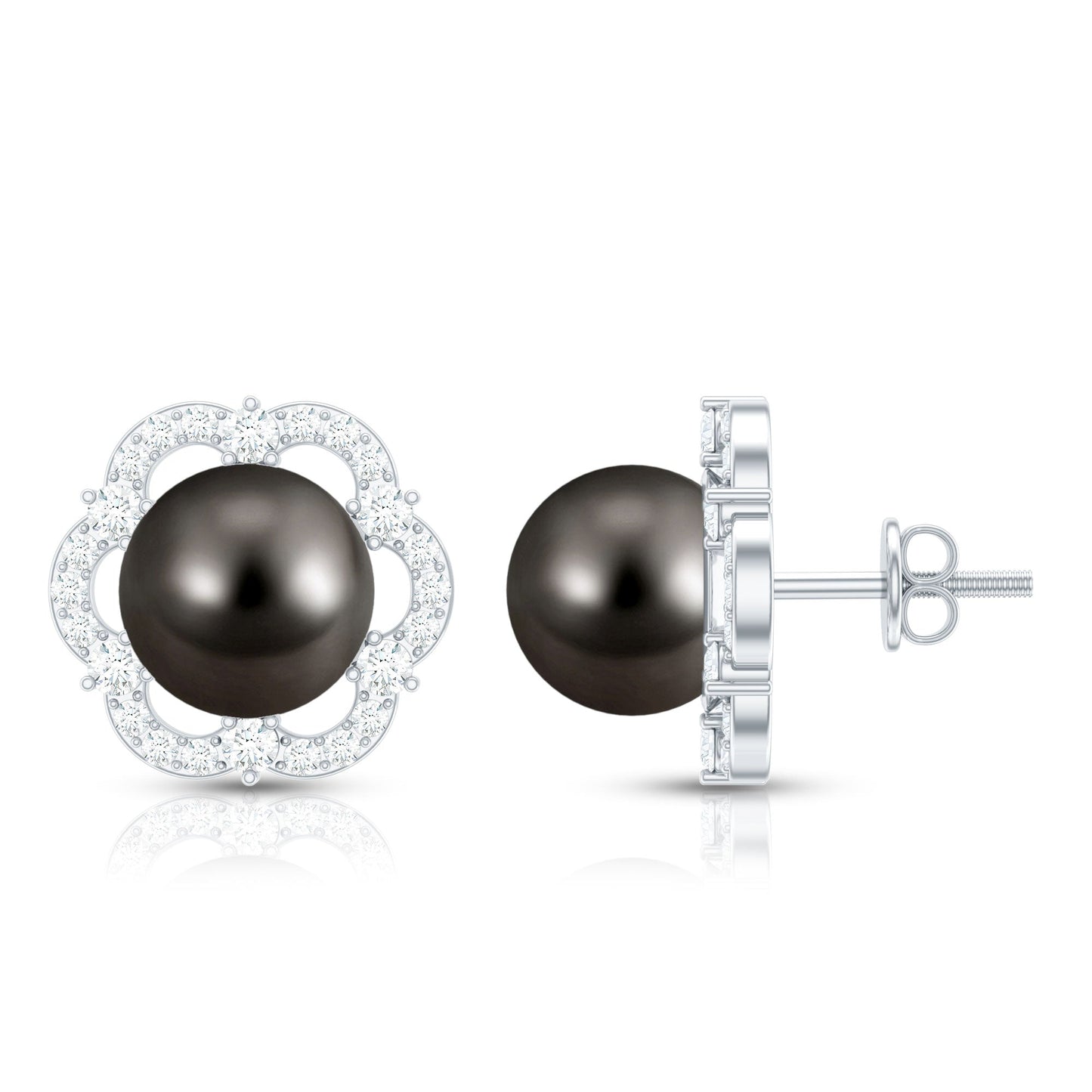 16 CT Tahitian Black Pearl and Diamond Flower Stud Earrings