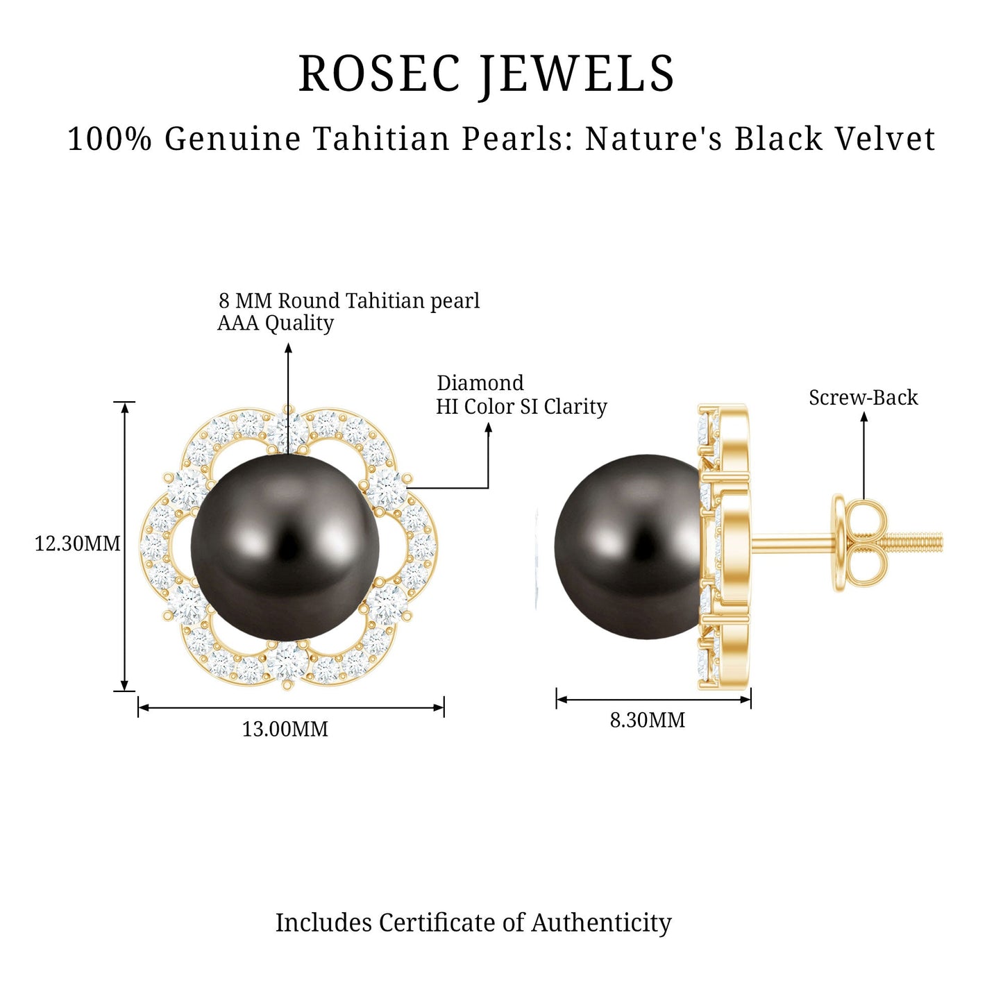 16 CT Tahitian Black Pearl and Diamond Flower Stud Earrings