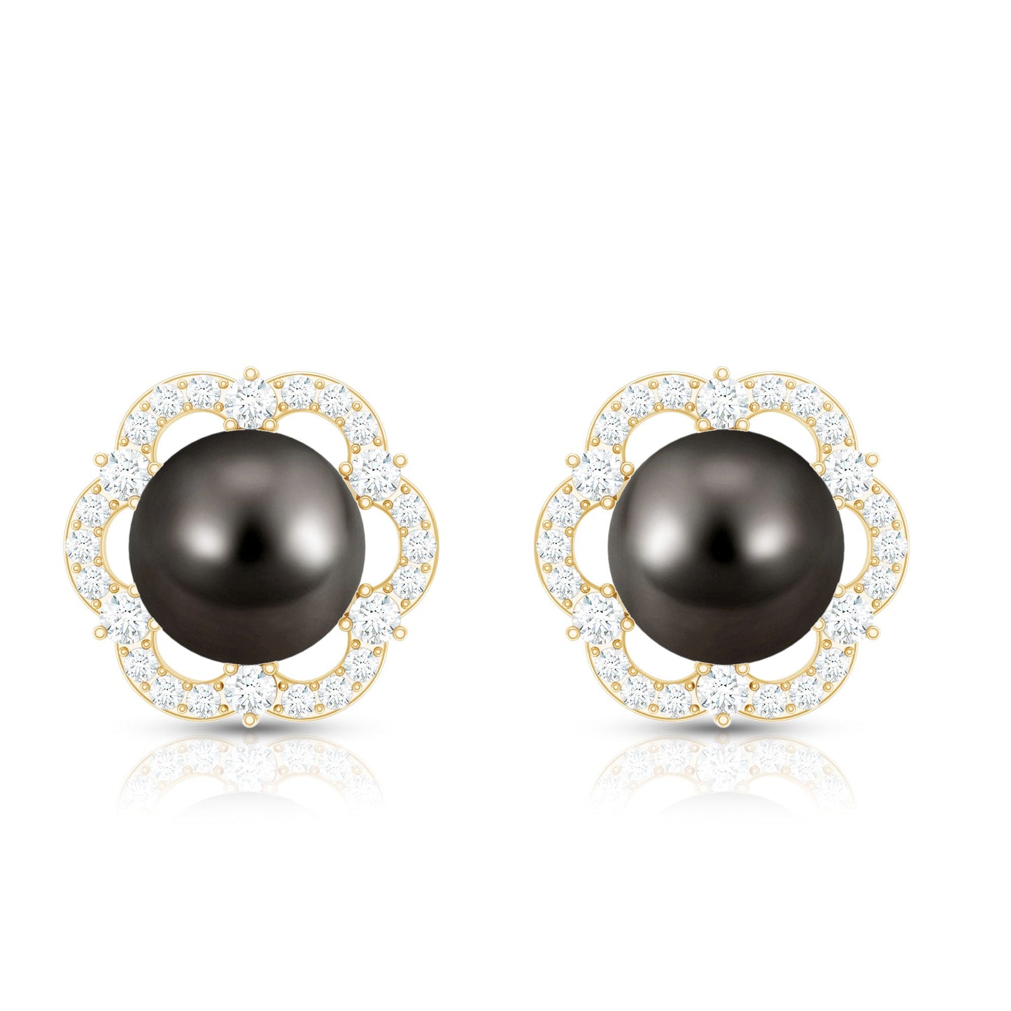 16 CT Tahitian Black Pearl and Diamond Flower Stud Earrings