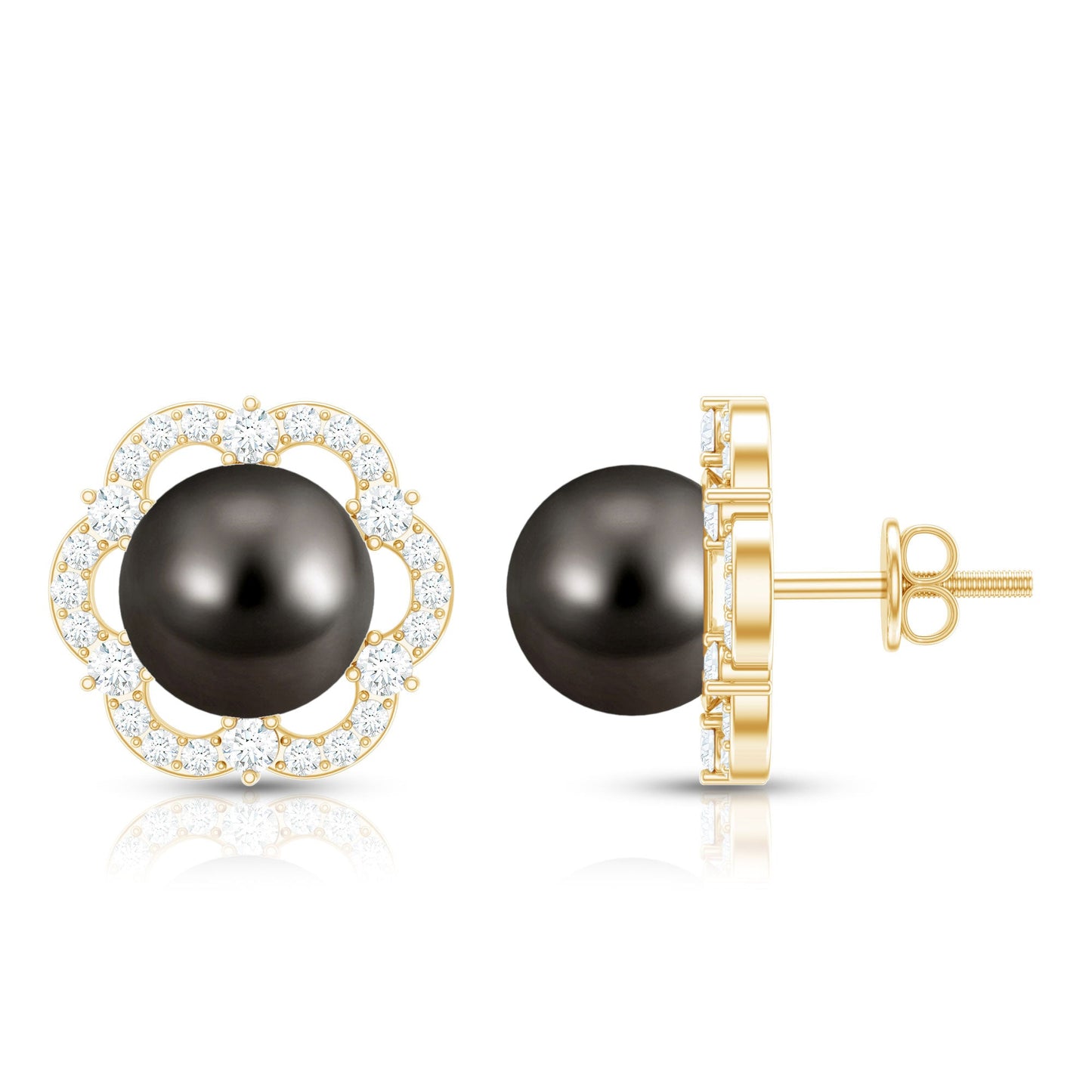 16 CT Tahitian Black Pearl and Diamond Flower Stud Earrings