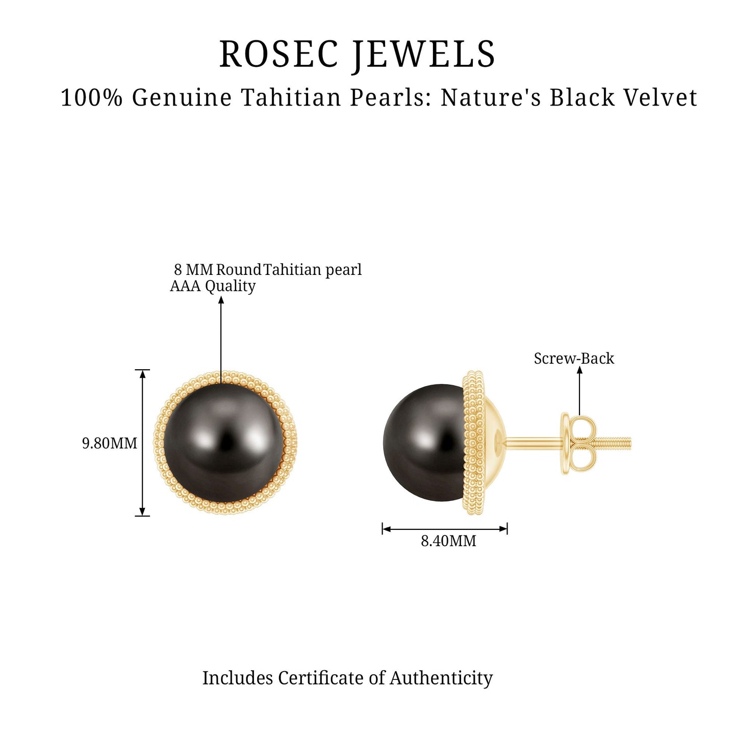 8MM Tahitian Black Pearl Solitaire Stud Earrings with Beaded Detail