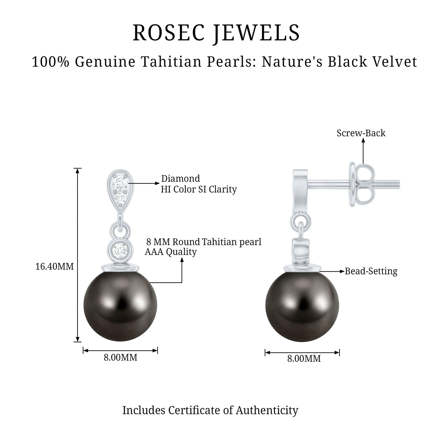 8MM Tahitian Pearl Drop Earrings with Diamond