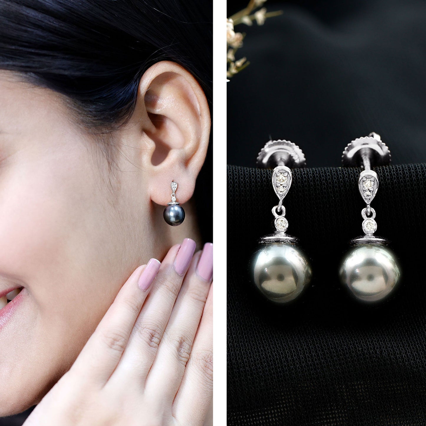 8MM Tahitian Pearl Drop Earrings with Diamond