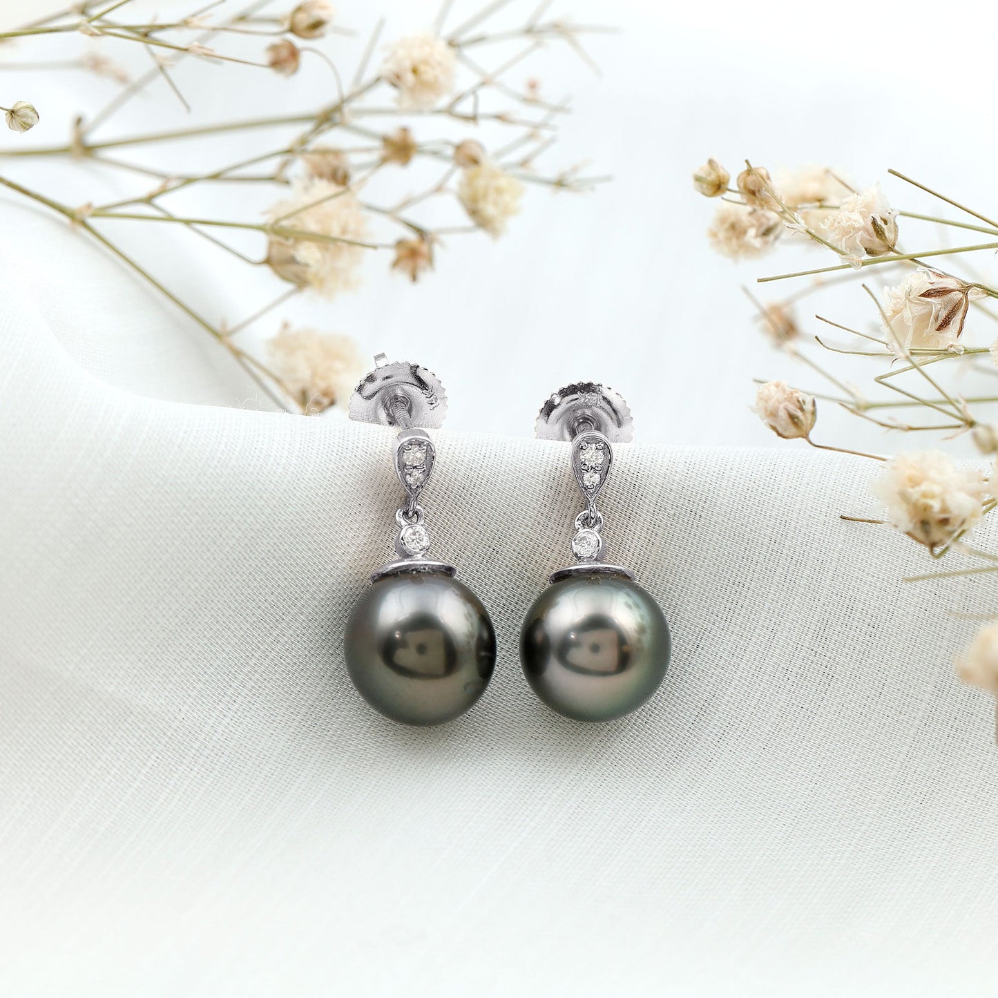 8MM Tahitian Pearl Drop Earrings with Diamond