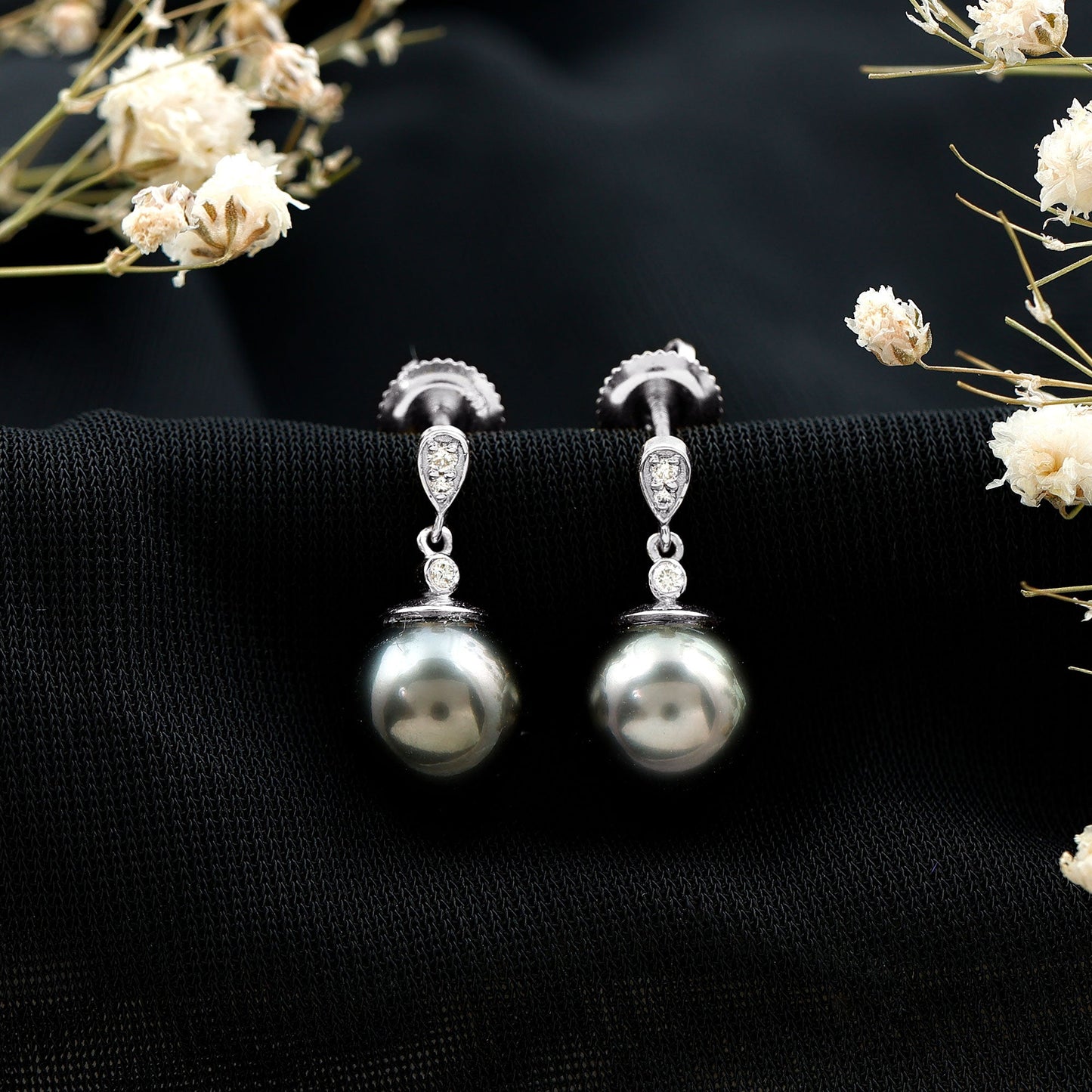 8MM Tahitian Pearl Drop Earrings with Diamond