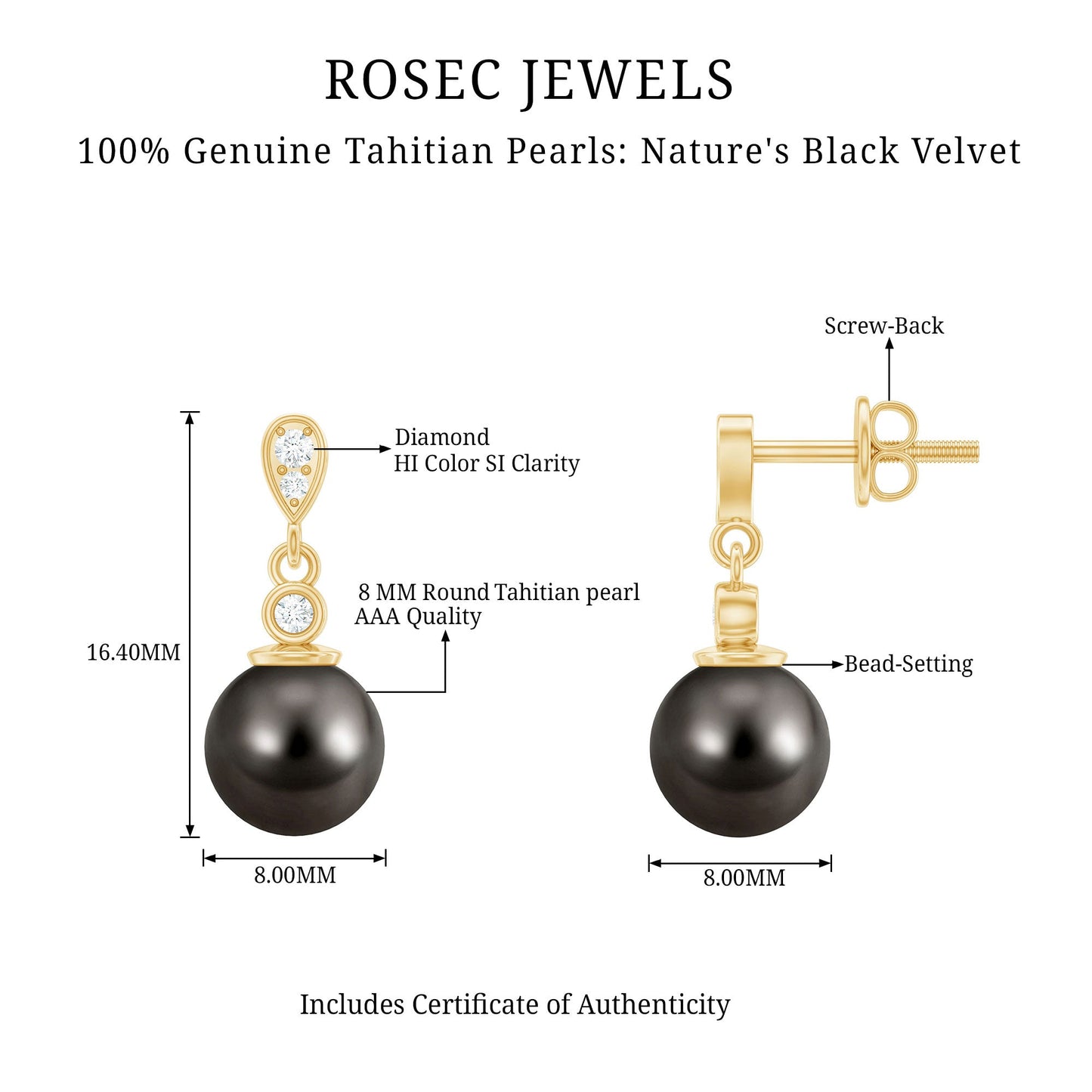 8MM Tahitian Pearl Drop Earrings with Diamond