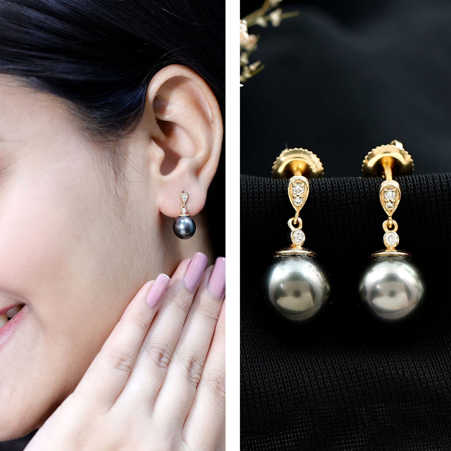 8MM Tahitian Pearl Drop Earrings with Diamond