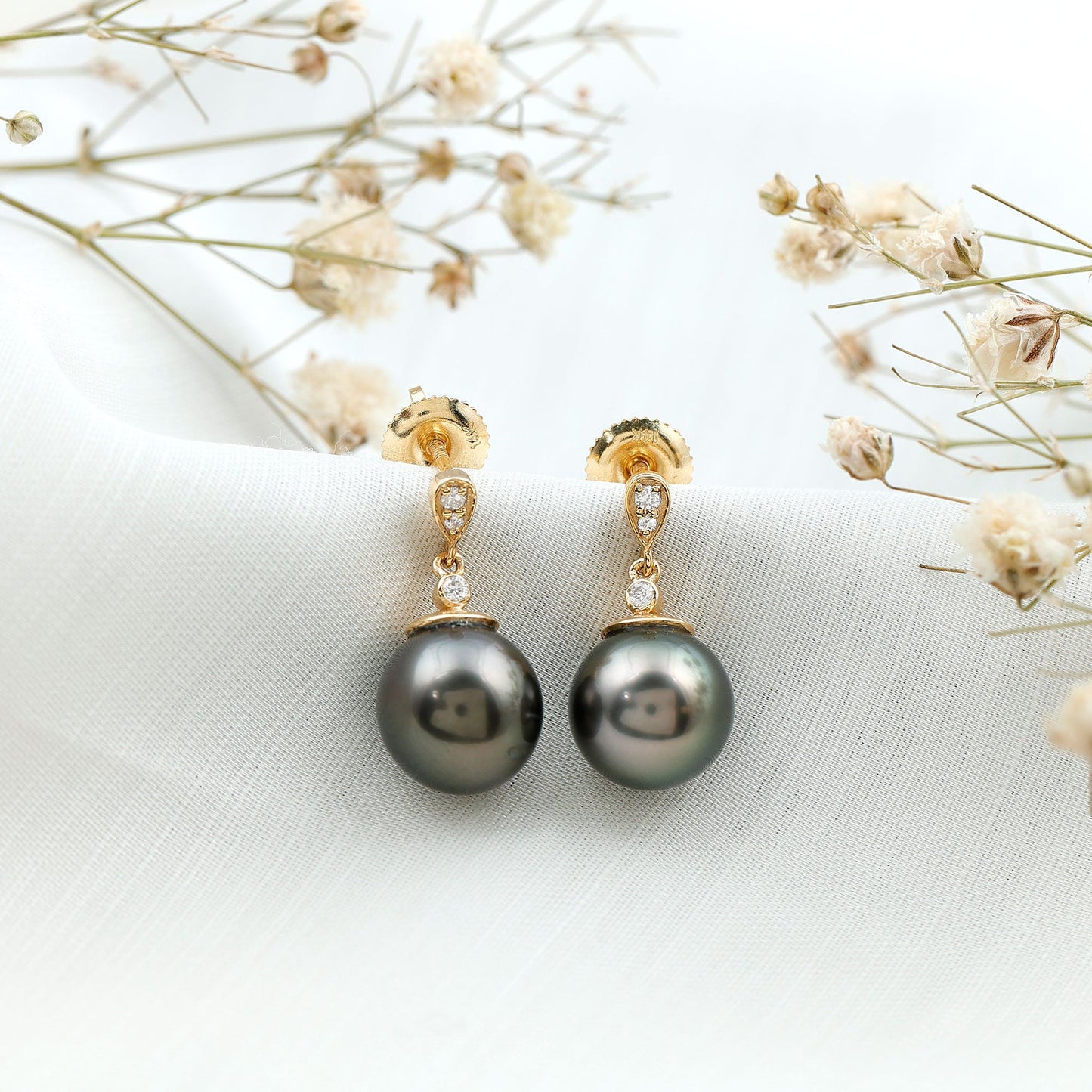 8MM Tahitian Pearl Drop Earrings with Diamond
