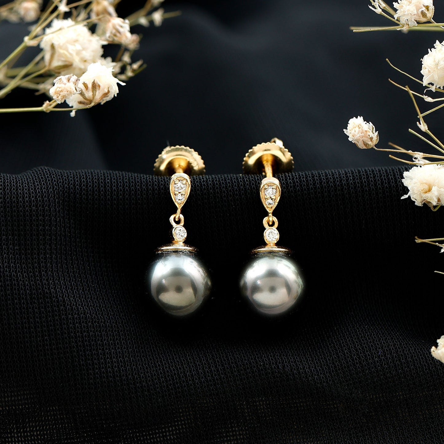 8MM Tahitian Pearl Drop Earrings with Diamond