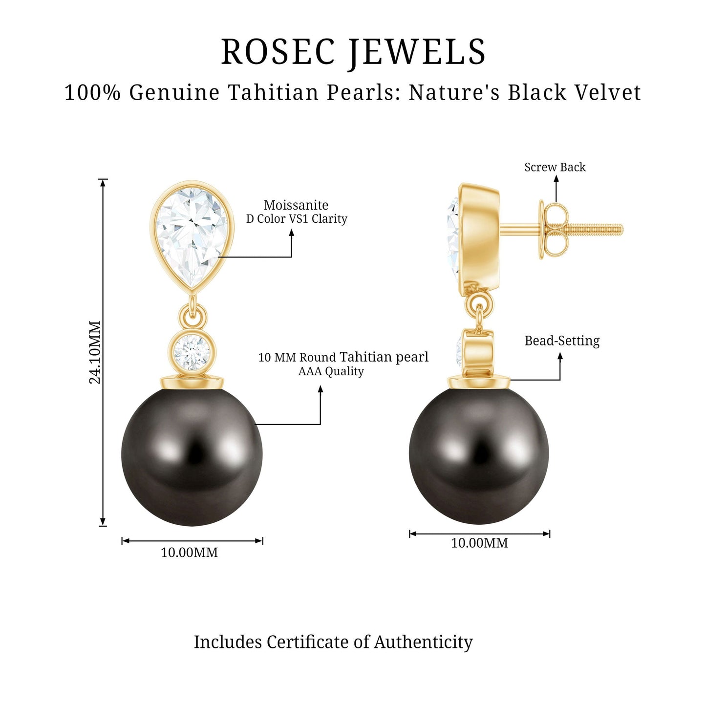 Certified 15 Carat Cultured Tahitian Black Drop Earrings for Women