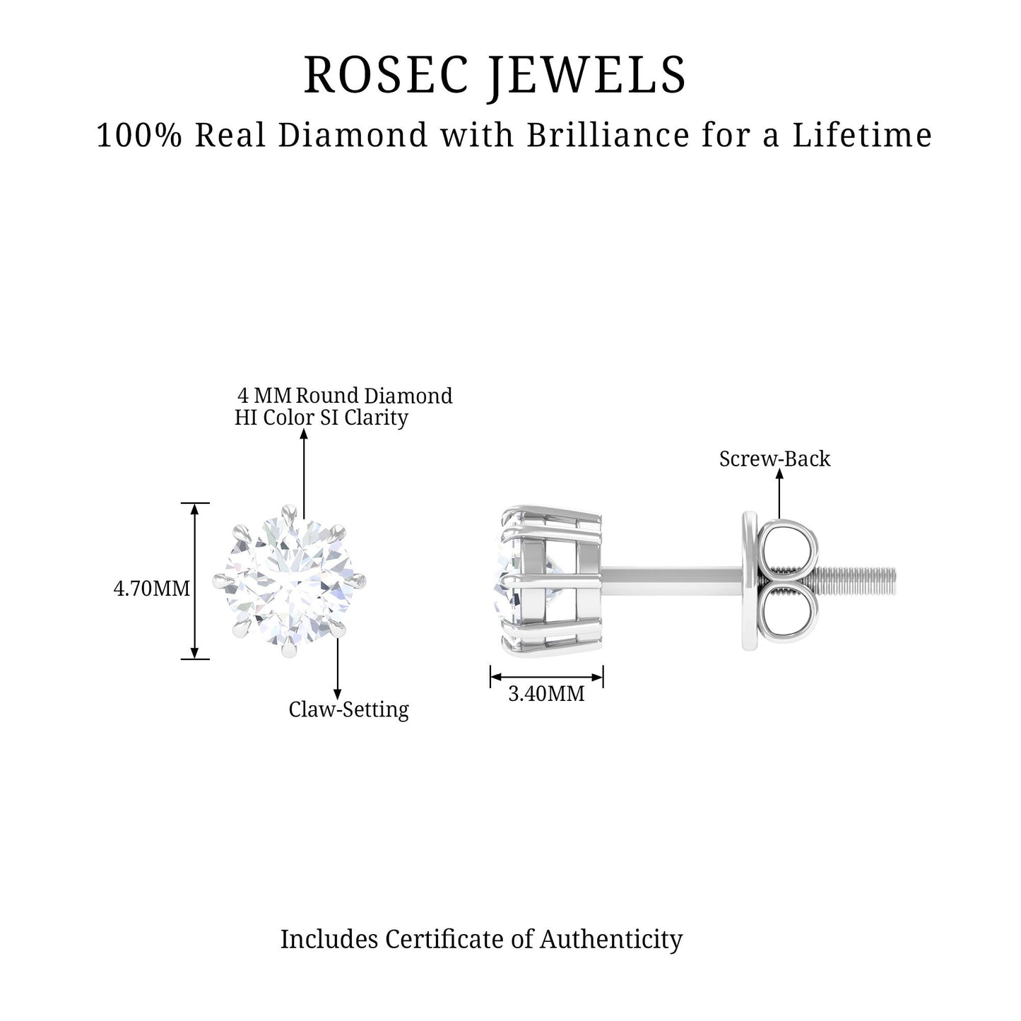 4 MM Natural Diamond Solitaire Stud Earrings in 8 Claw Prong Setting