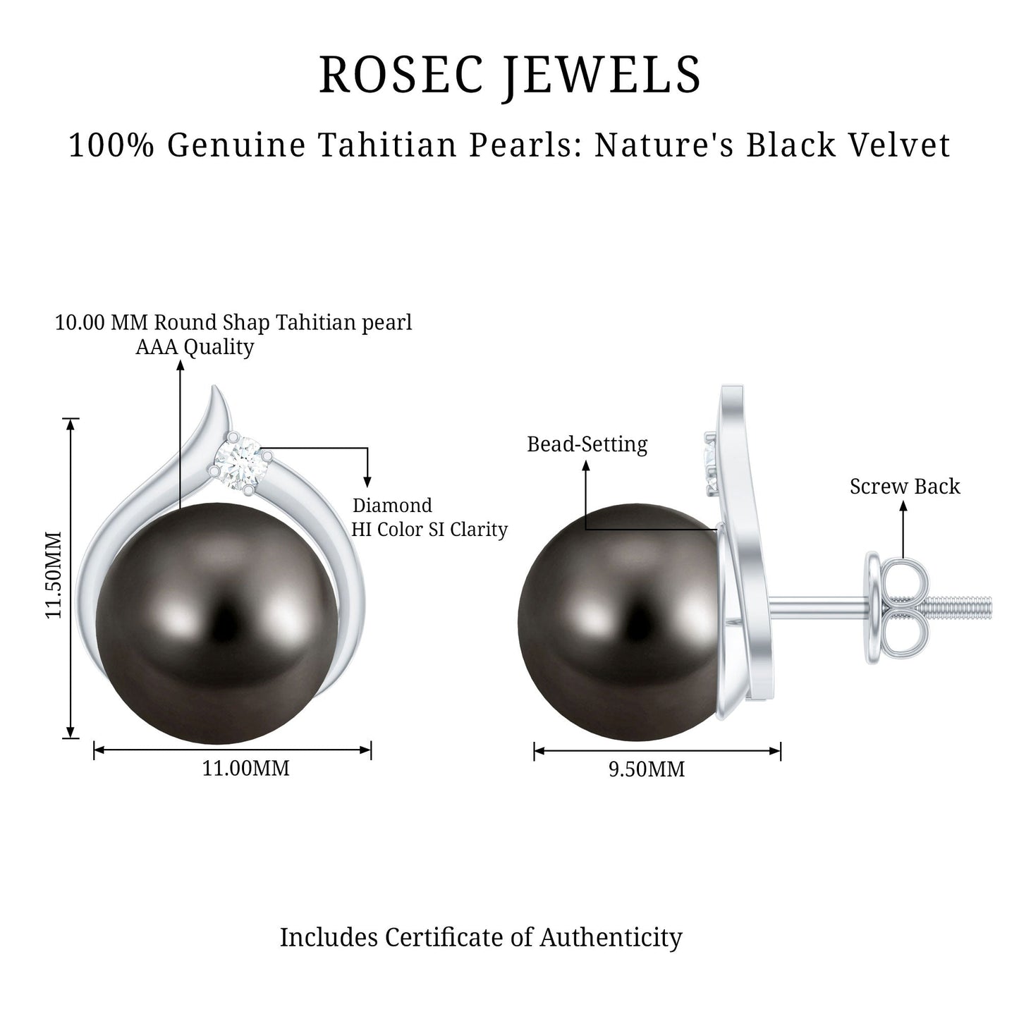 Cultured 15 Carat Tahitian Pearl Bridal Stud Earrings with Diamond