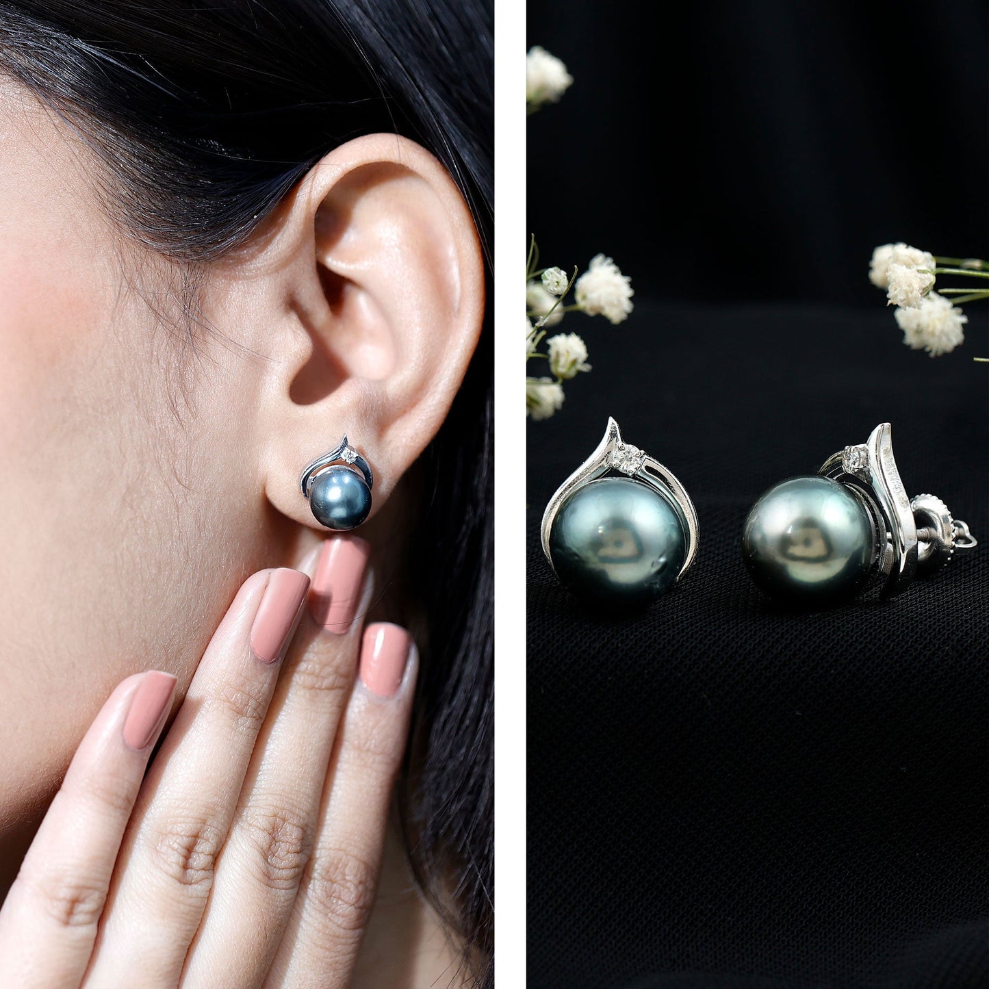 Cultured 15 Carat Tahitian Pearl Bridal Stud Earrings with Diamond