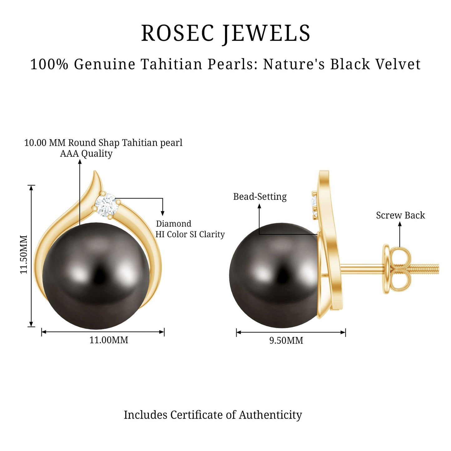 Cultured 15 Carat Tahitian Pearl Bridal Stud Earrings with Diamond