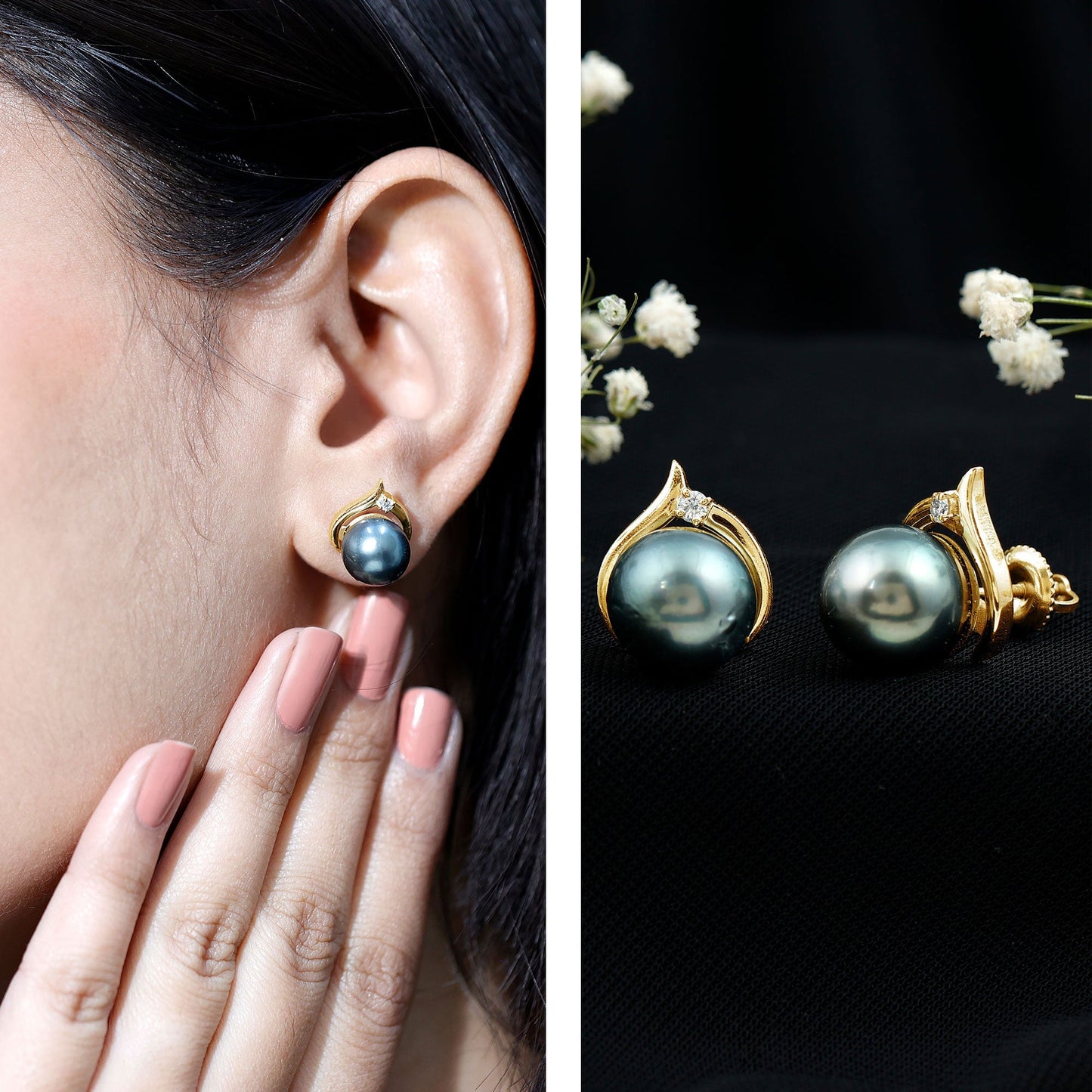 Cultured 15 Carat Tahitian Pearl Bridal Stud Earrings with Diamond
