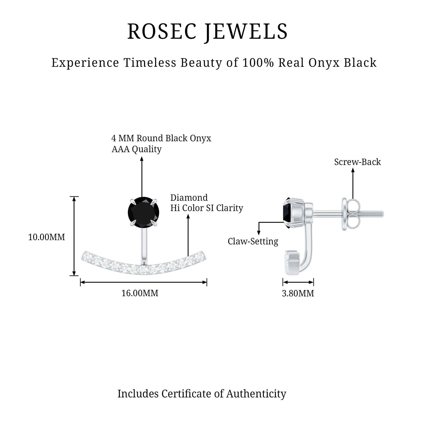 Round Black Onyx Front Back Earrings with Diamond