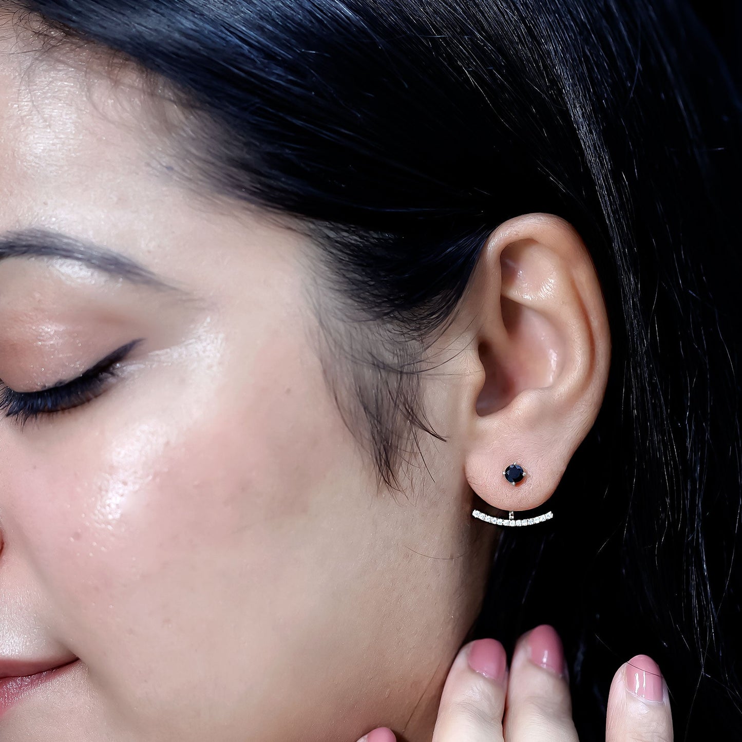Round Black Onyx Front Back Earrings with Diamond