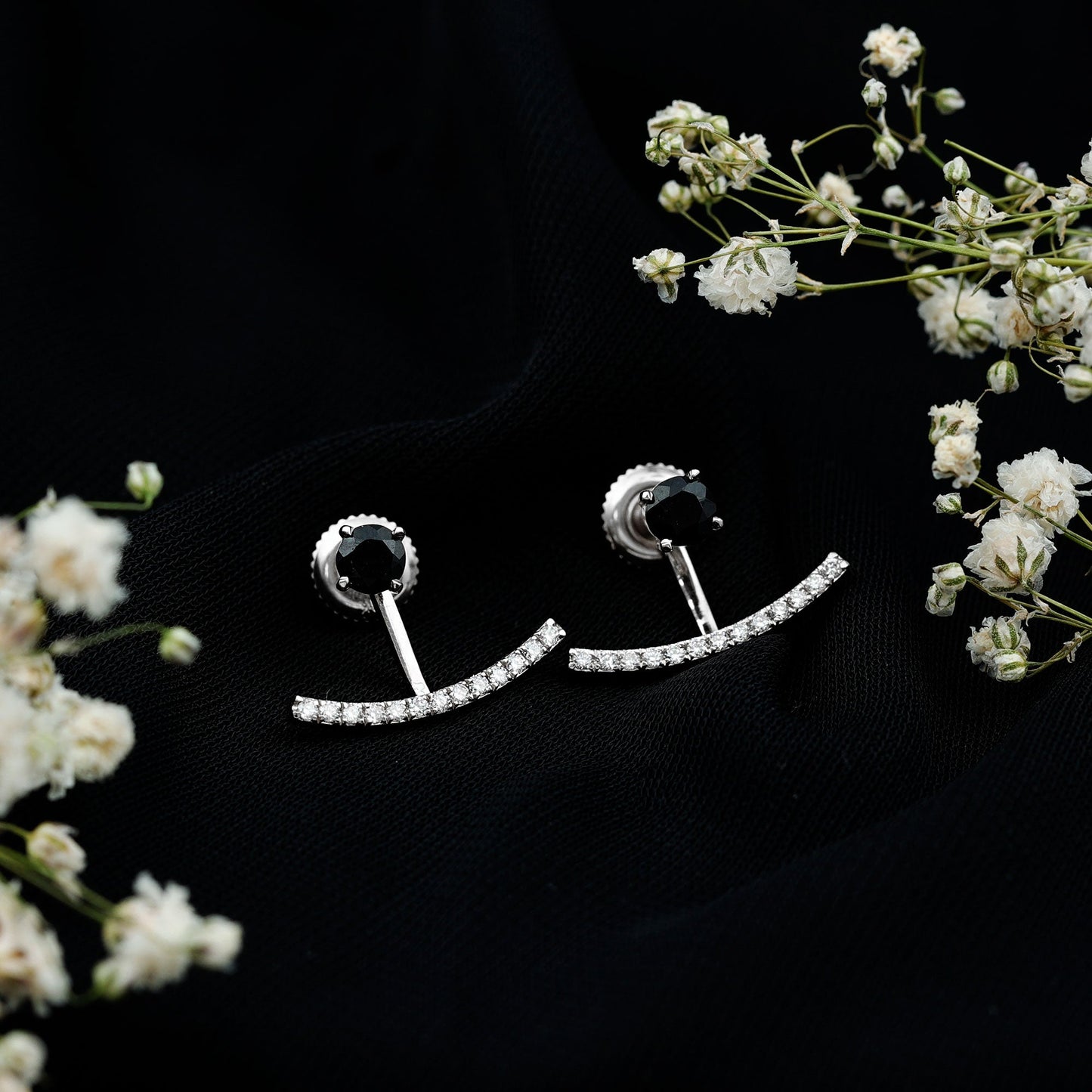 Round Black Onyx Front Back Earrings with Diamond