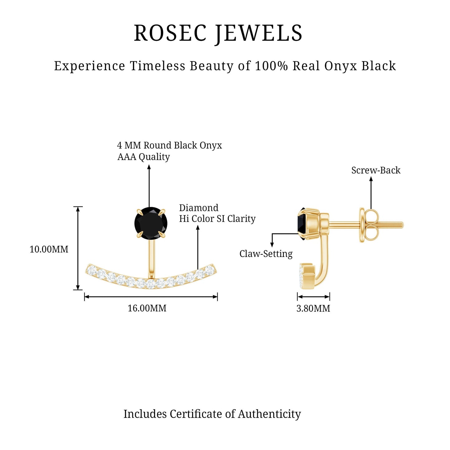 Round Black Onyx Front Back Earrings with Diamond