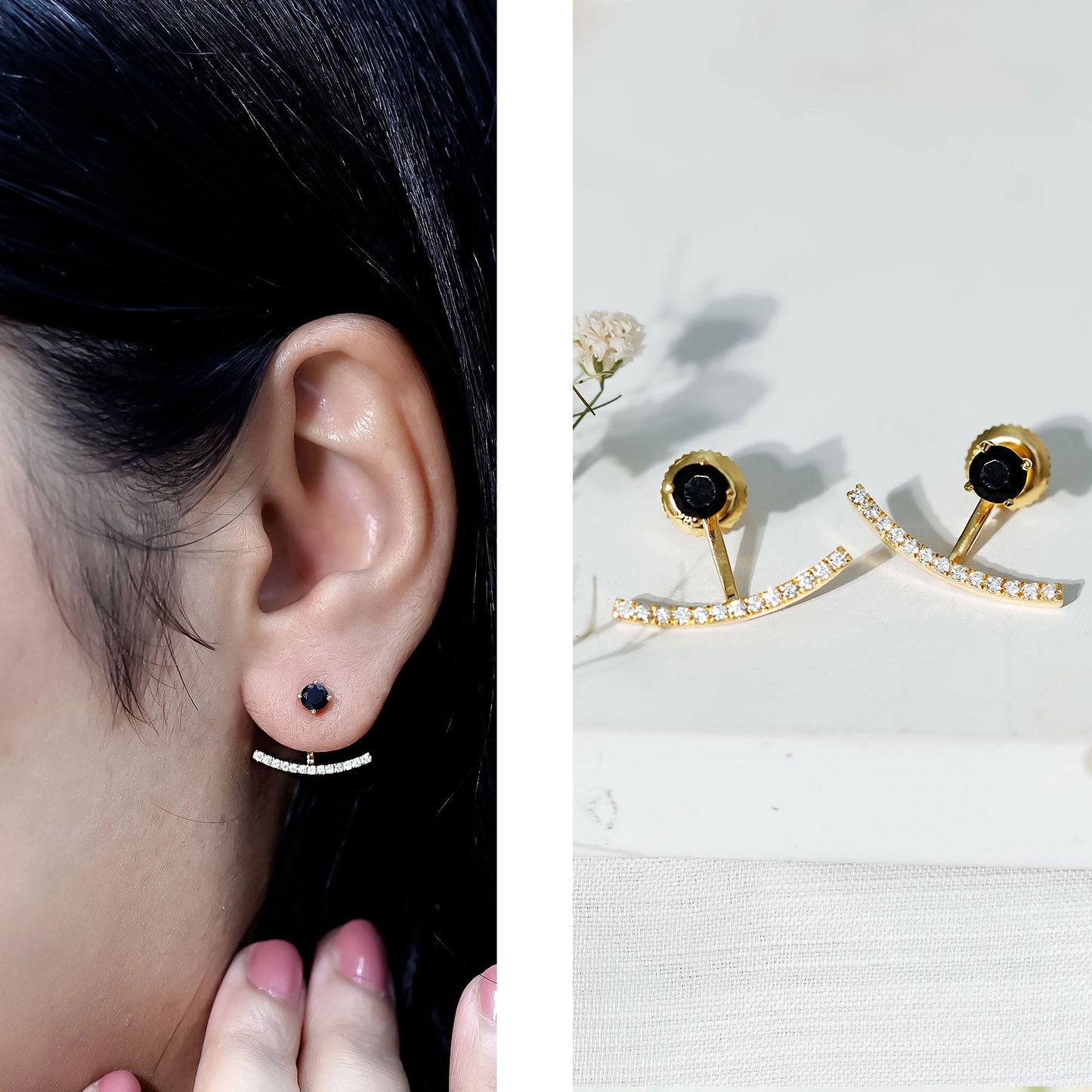 Round Black Onyx Front Back Earrings with Diamond