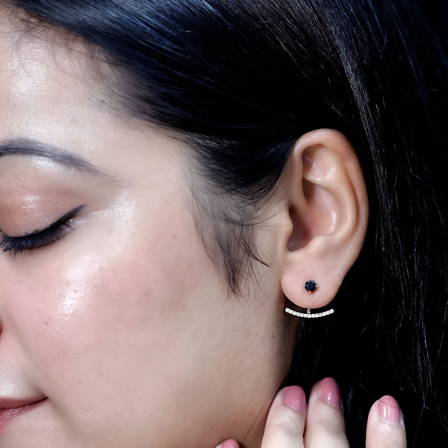 Round Black Onyx Front Back Earrings with Diamond