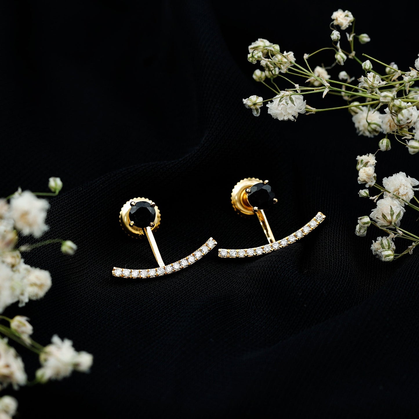 Round Black Onyx Front Back Earrings with Diamond