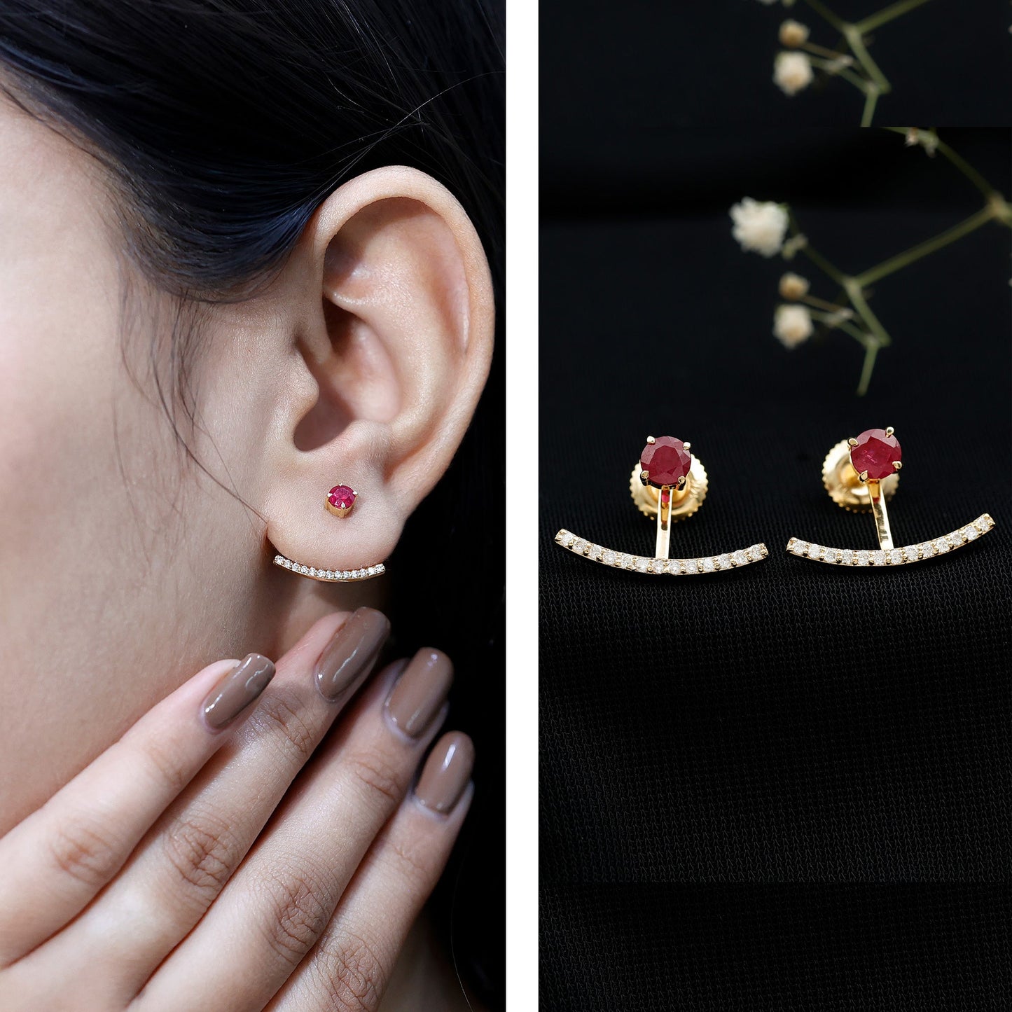Real Ruby Front Back Earrings with Diamond