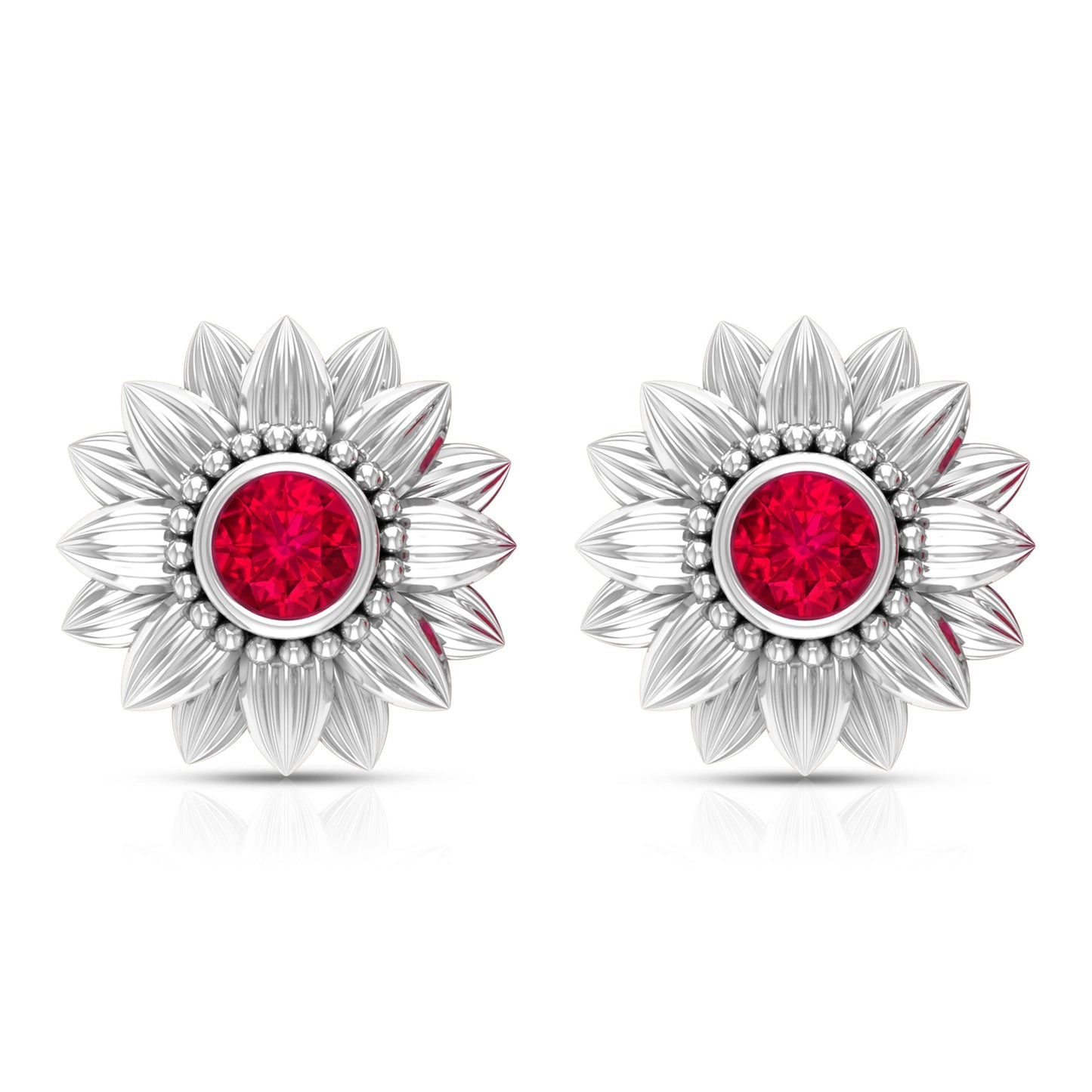 Bezel Set Real Ruby Flower Stud Earrings