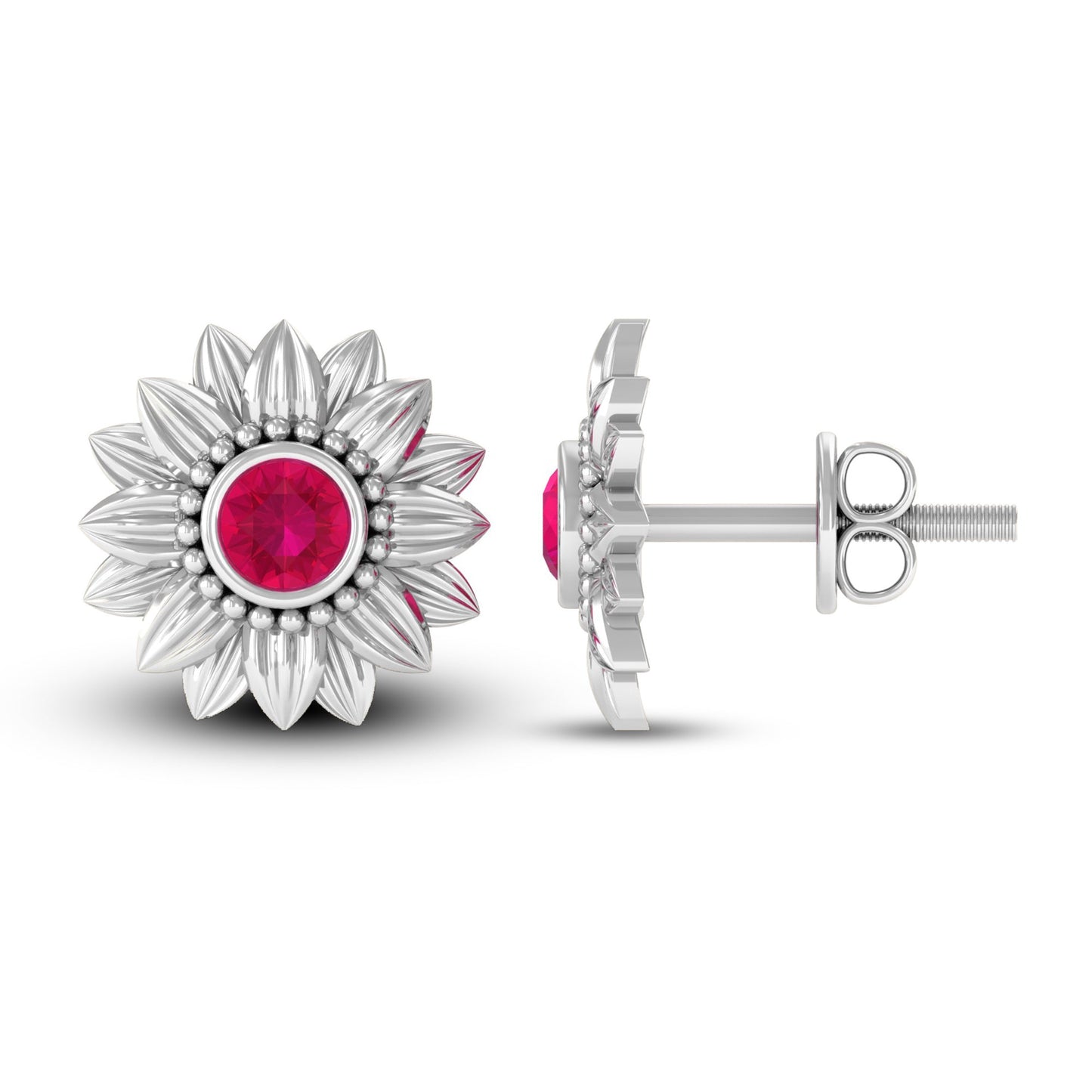 Bezel Set Real Ruby Flower Stud Earrings