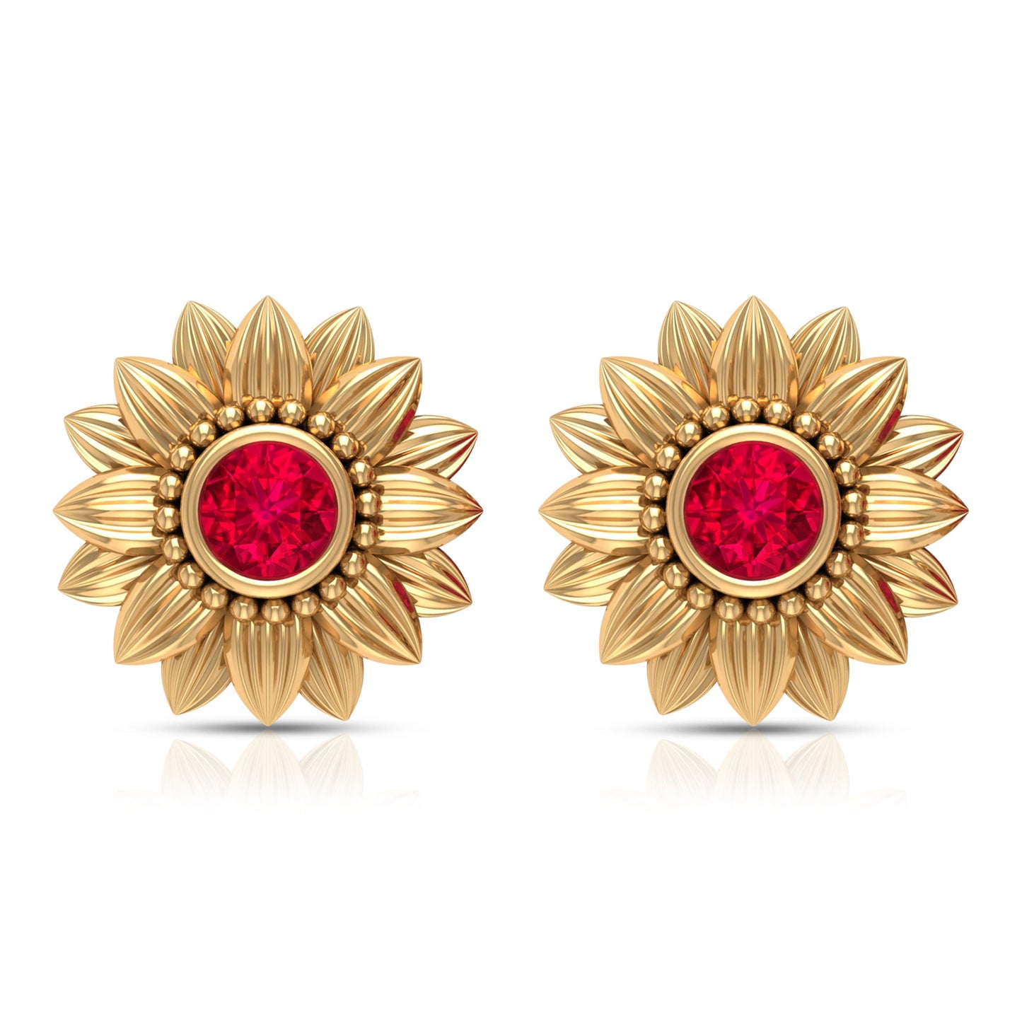 Bezel Set Real Ruby Flower Stud Earrings