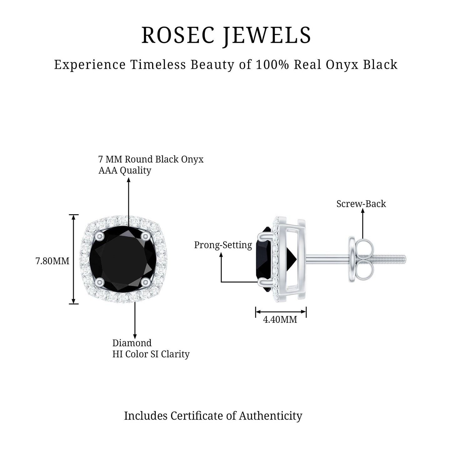 Vintage Black Onyx Stud Earrings with Diamond Halo