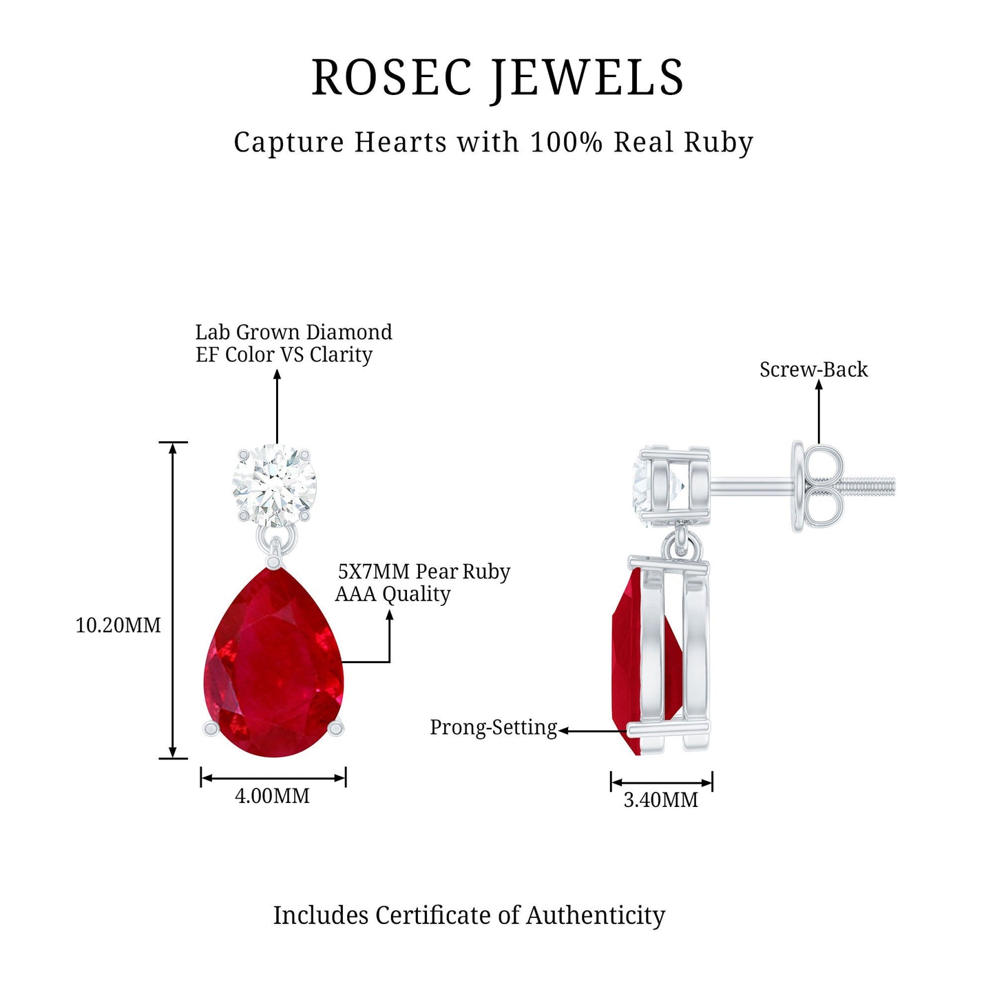 Natural Ruby Teardrop Drop Earrings with Lab Grown Diamond