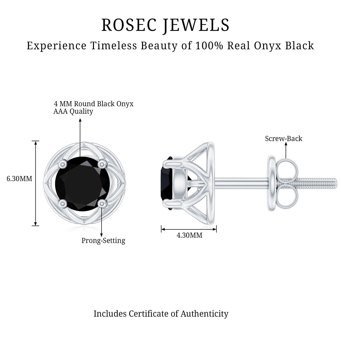 5MM Solitaire Black Onyx Floral Stud Earrings