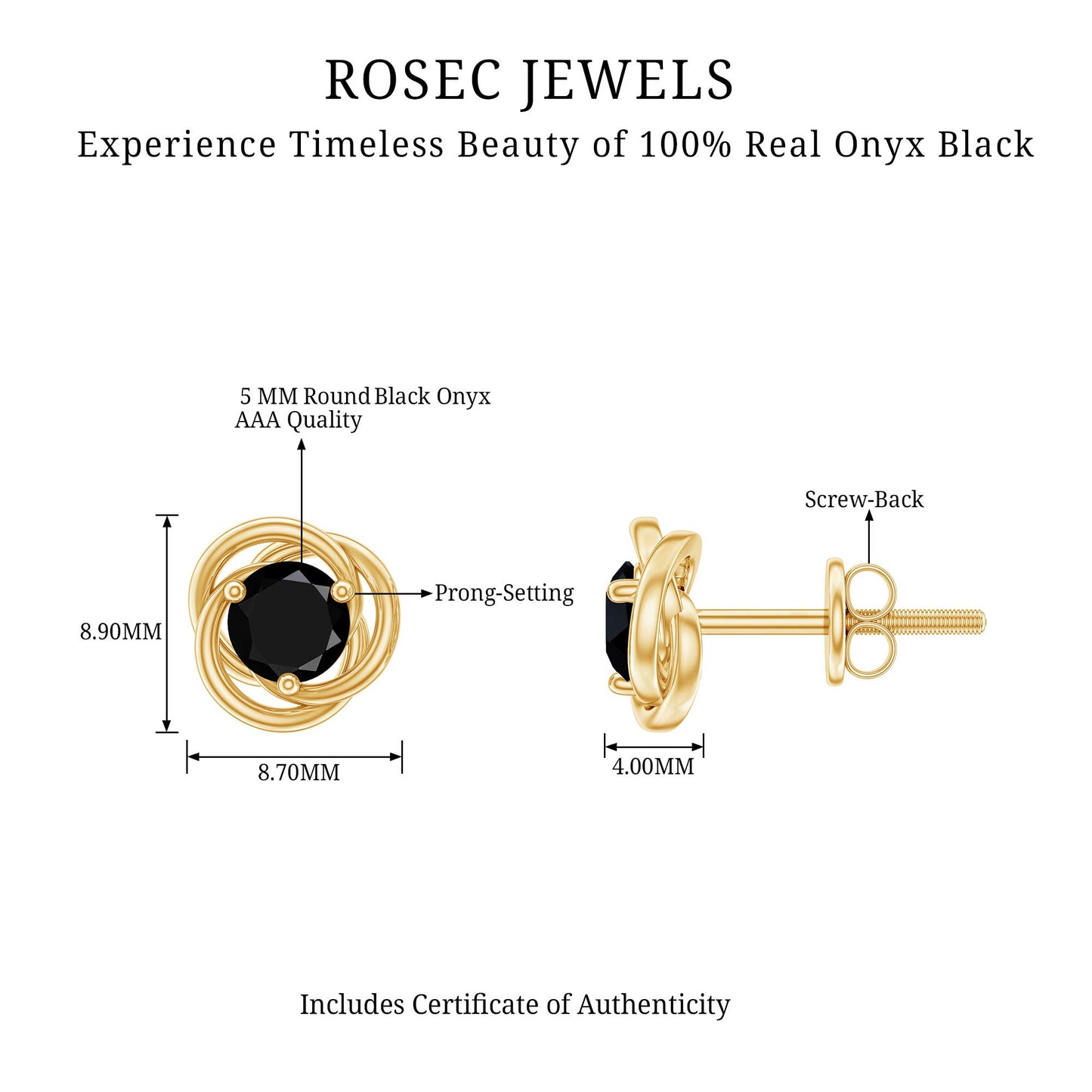 1 CT Solitaire Black Onyx Swirl Stud Earrings