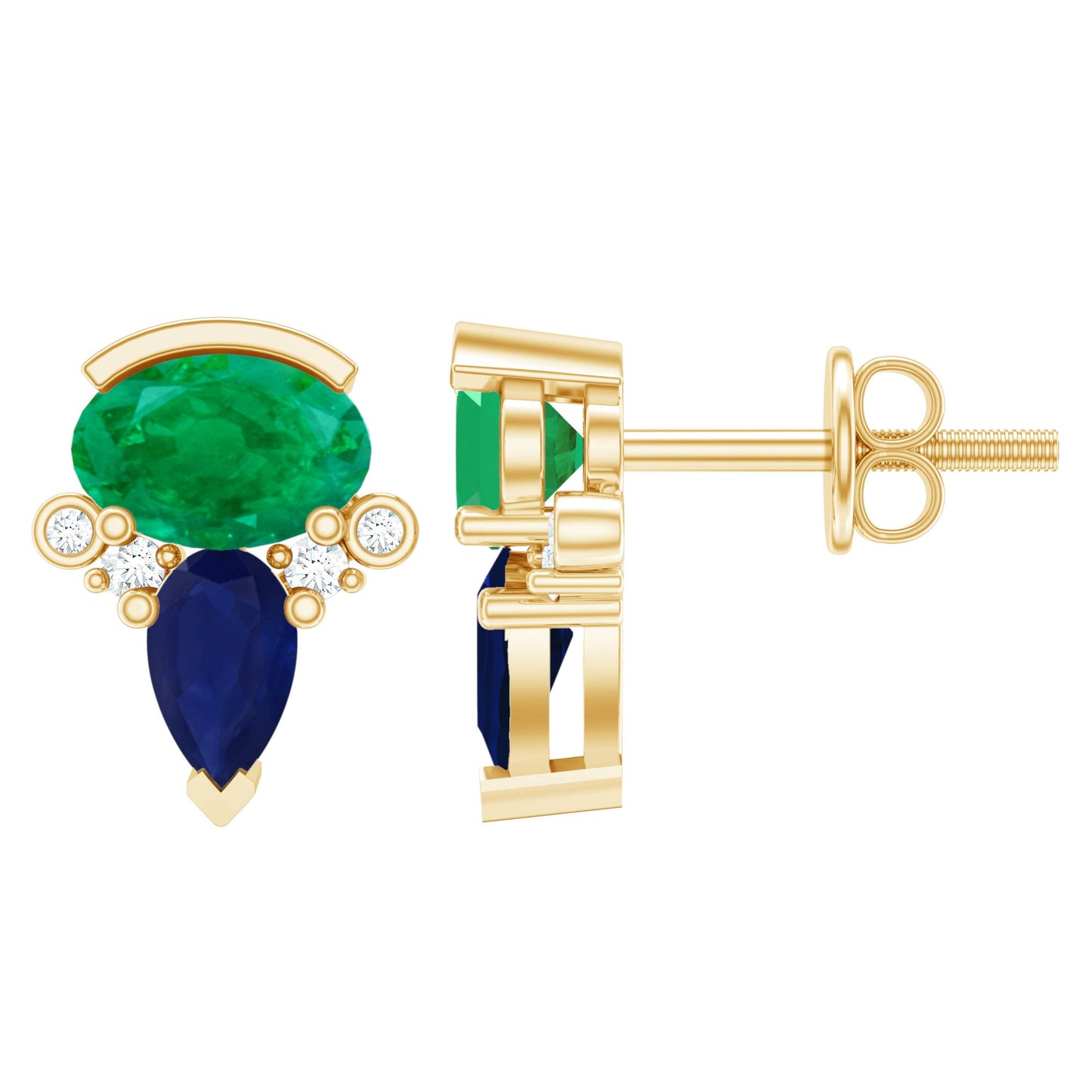Blue Sapphire and Emerald Vintage Stud Earrings with Diamond