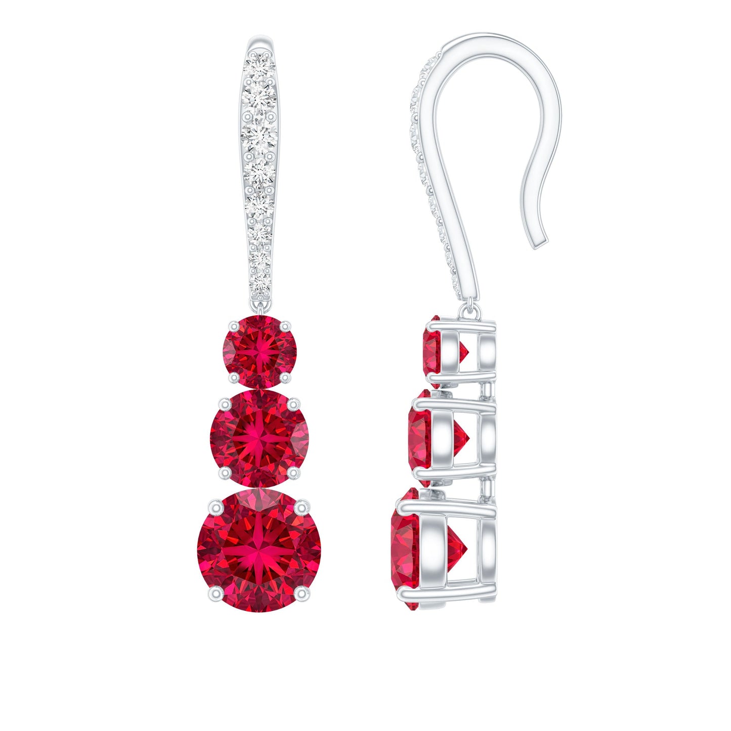 2.50 CT Lab Created Ruby Three Stone Dangle Earrings with Moissanite