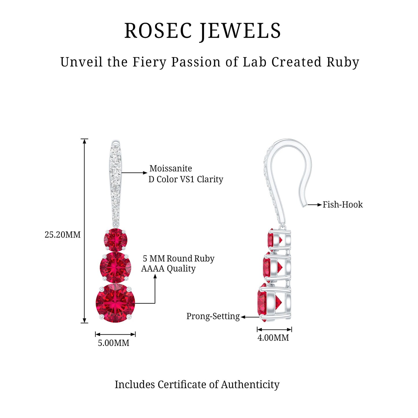 2.50 CT Lab Created Ruby Three Stone Dangle Earrings with Moissanite