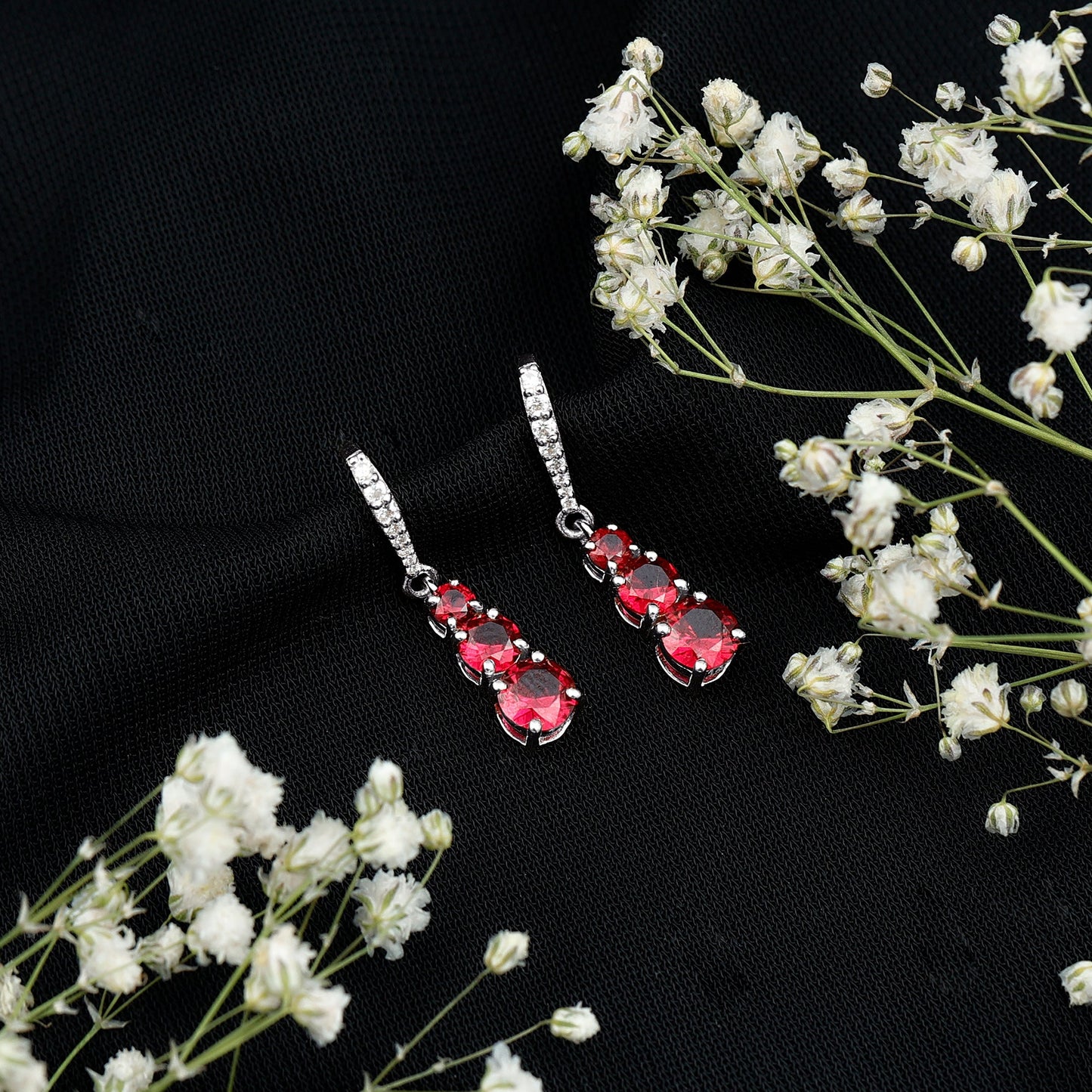 2.50 CT Lab Created Ruby Three Stone Dangle Earrings with Moissanite