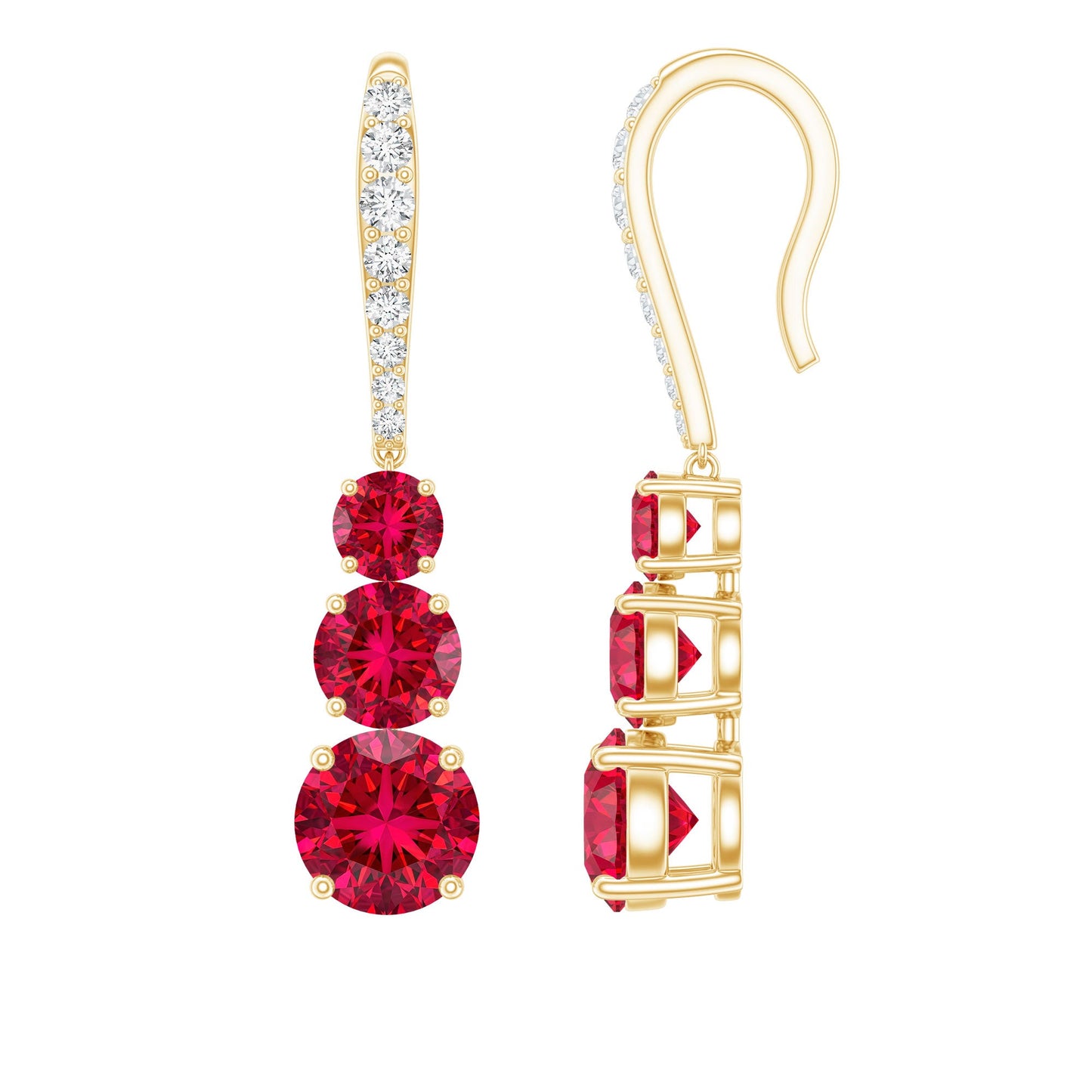 2.50 CT Lab Created Ruby Three Stone Dangle Earrings with Moissanite