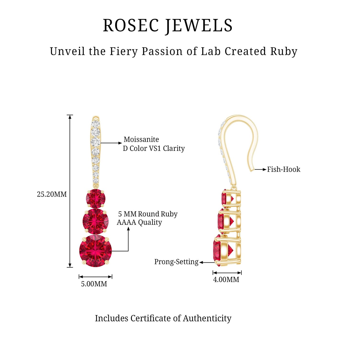 2.50 CT Lab Created Ruby Three Stone Dangle Earrings with Moissanite