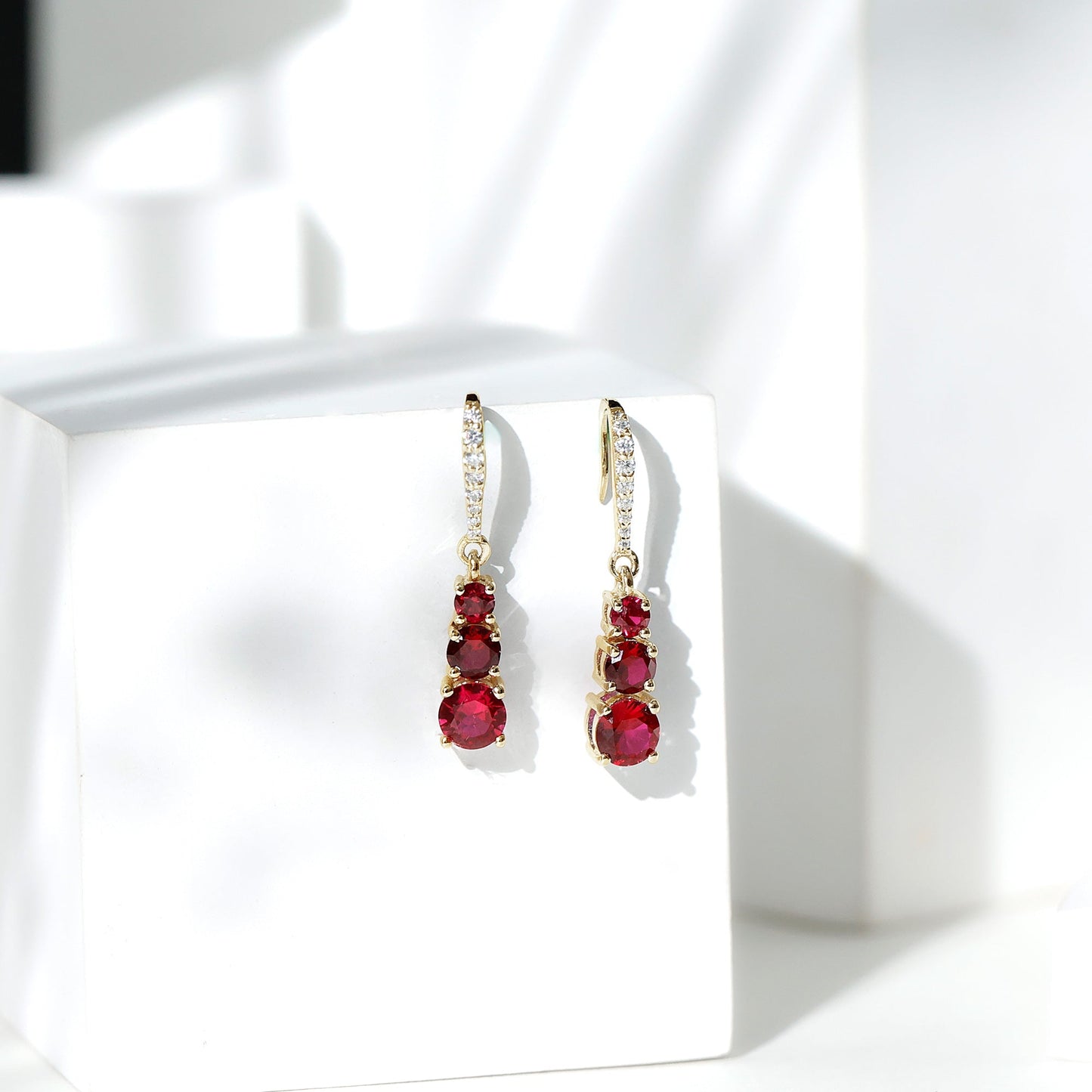 2.50 CT Lab Created Ruby Three Stone Dangle Earrings with Moissanite