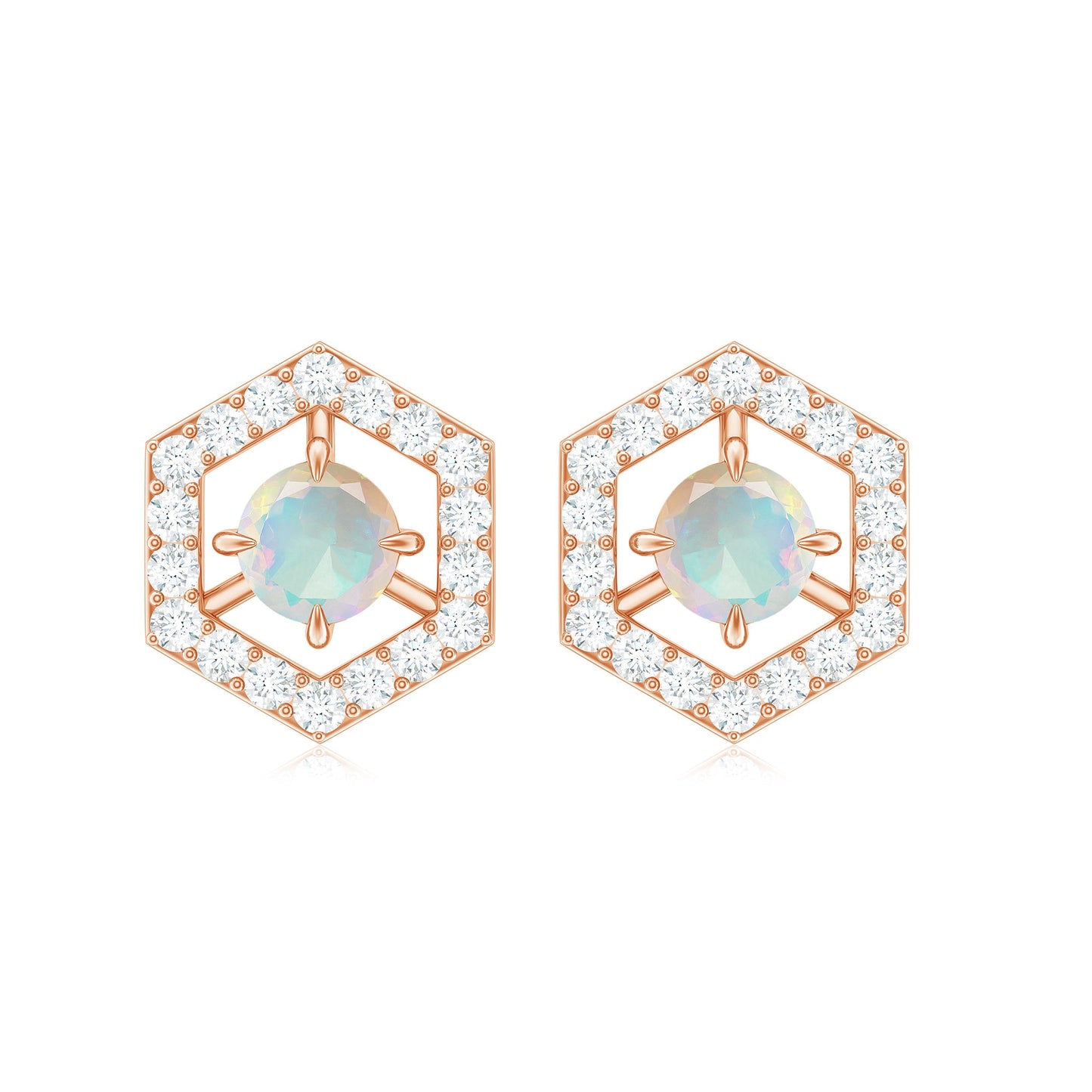 1 CT Minimal Ethiopian Opal and Diamond Geometric Stud Earrings