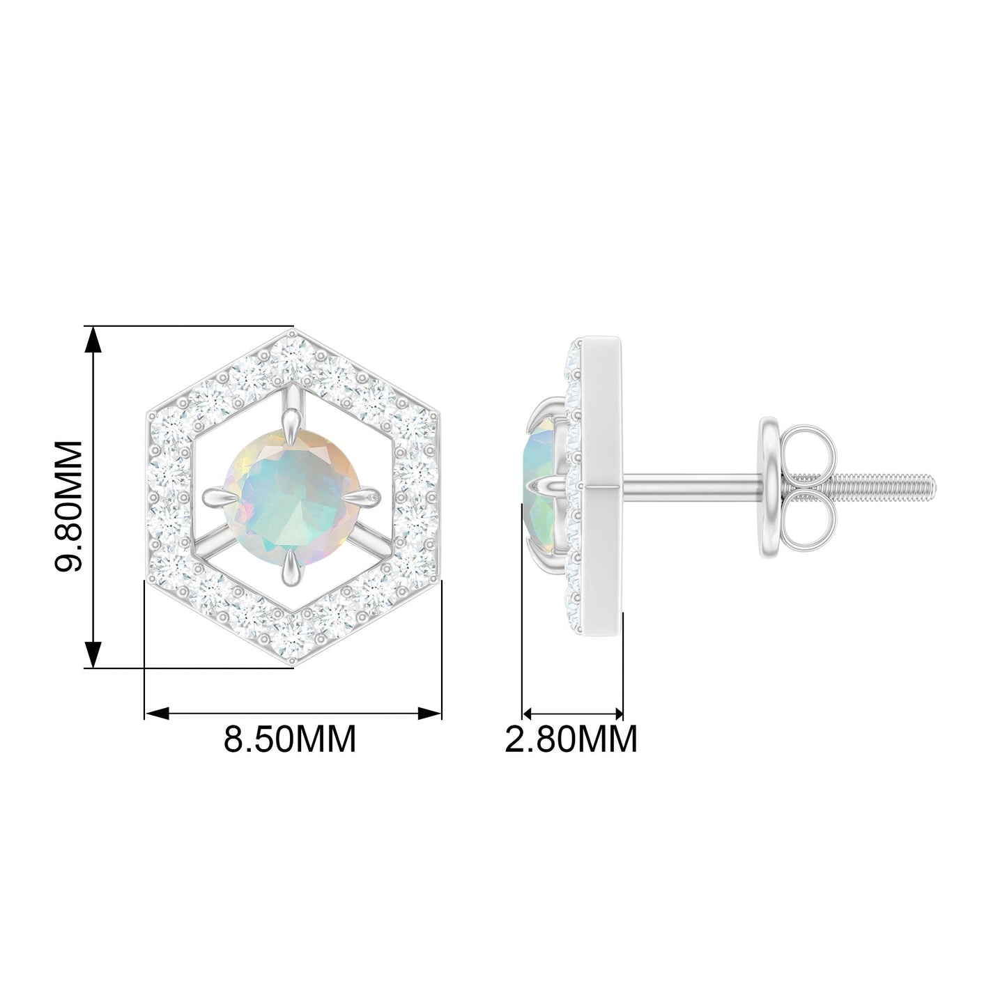 1 CT Minimal Ethiopian Opal and Diamond Geometric Stud Earrings