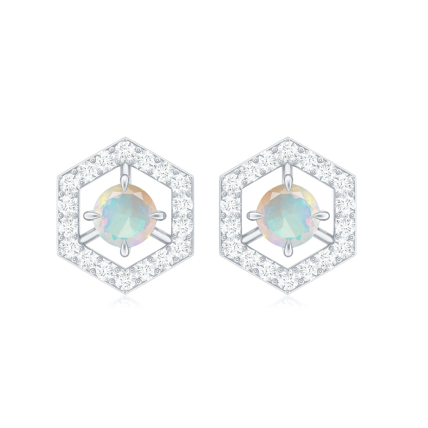1 CT Minimal Ethiopian Opal and Diamond Geometric Stud Earrings