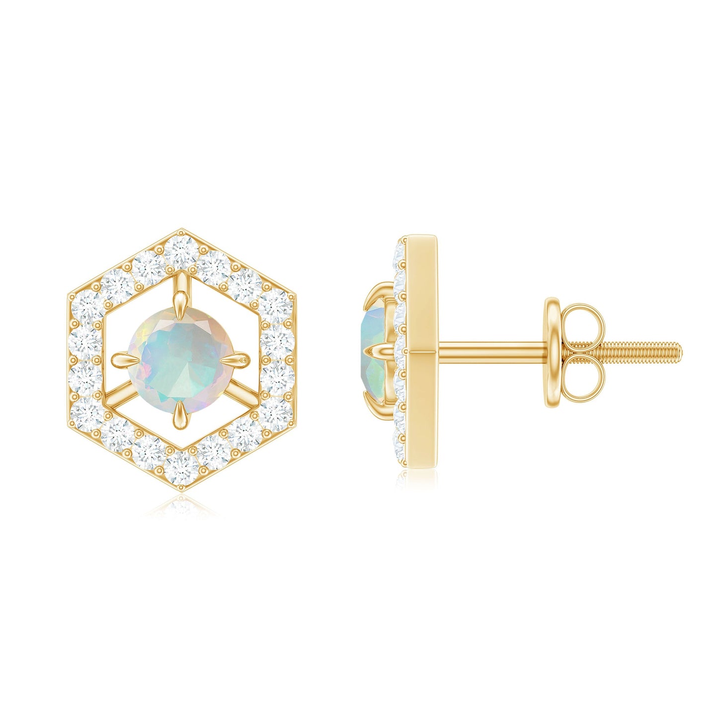 1 CT Minimal Ethiopian Opal and Diamond Geometric Stud Earrings