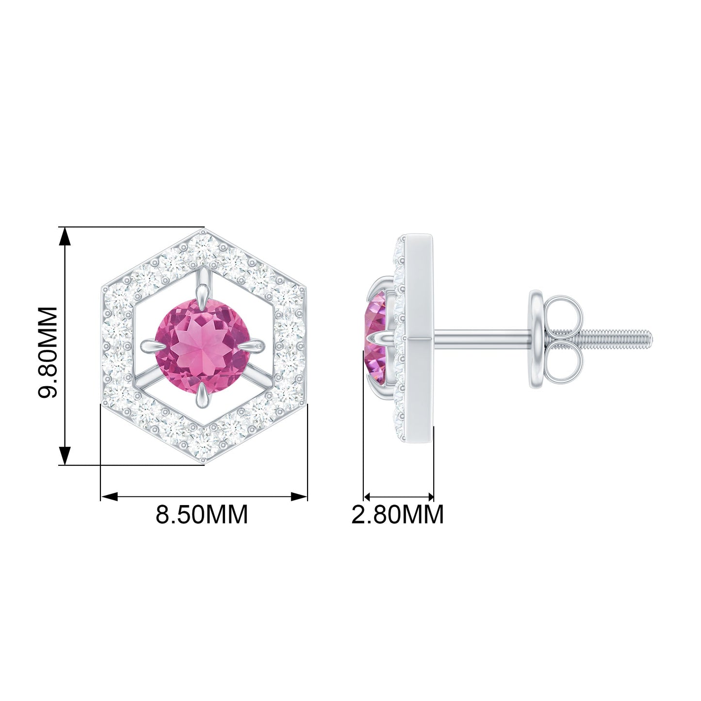 1 CT Minimal Pink Tourmaline and Diamond Geometric Stud Earrings